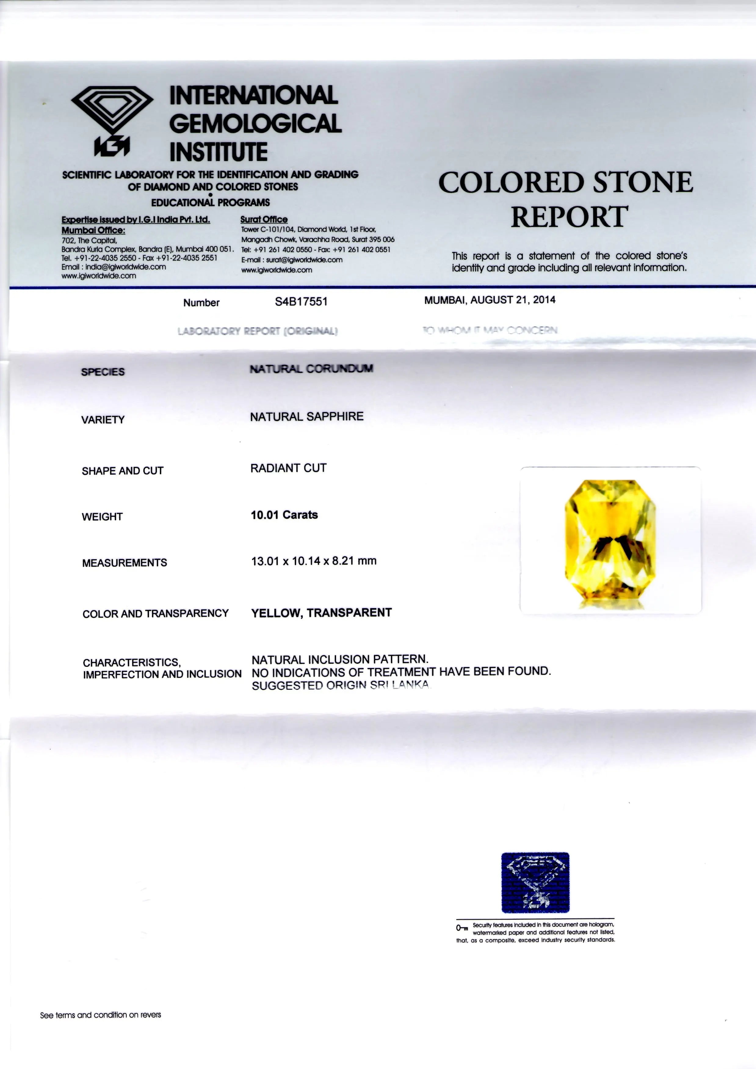Huge 10.01 Ct Unheated Untreated Natural Ceylon Yellow Sapphire AAA