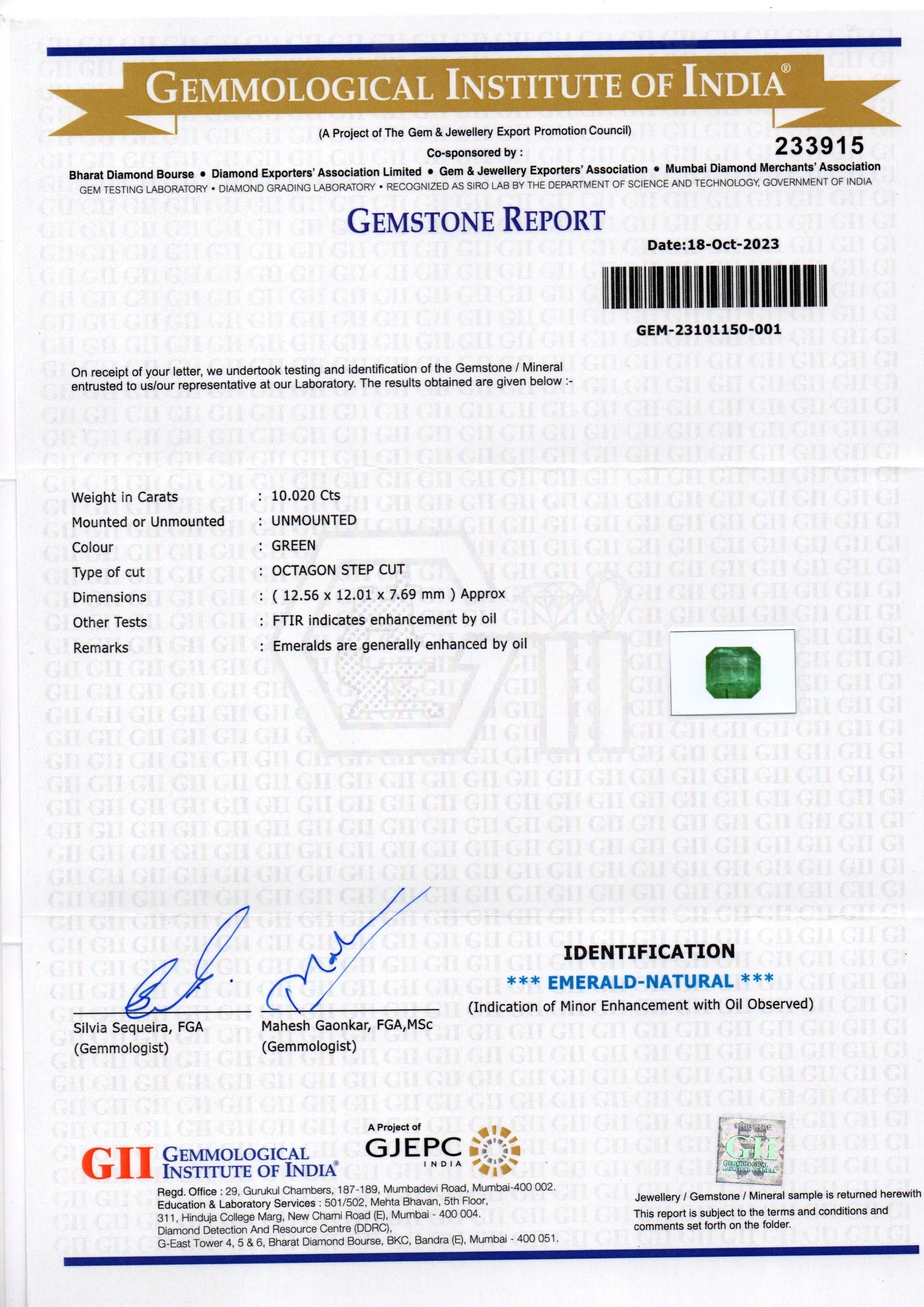 Huge 10.02 Ct GII Certified Untreated Natural Zambian Emerald Panna Gems - Venus Gems