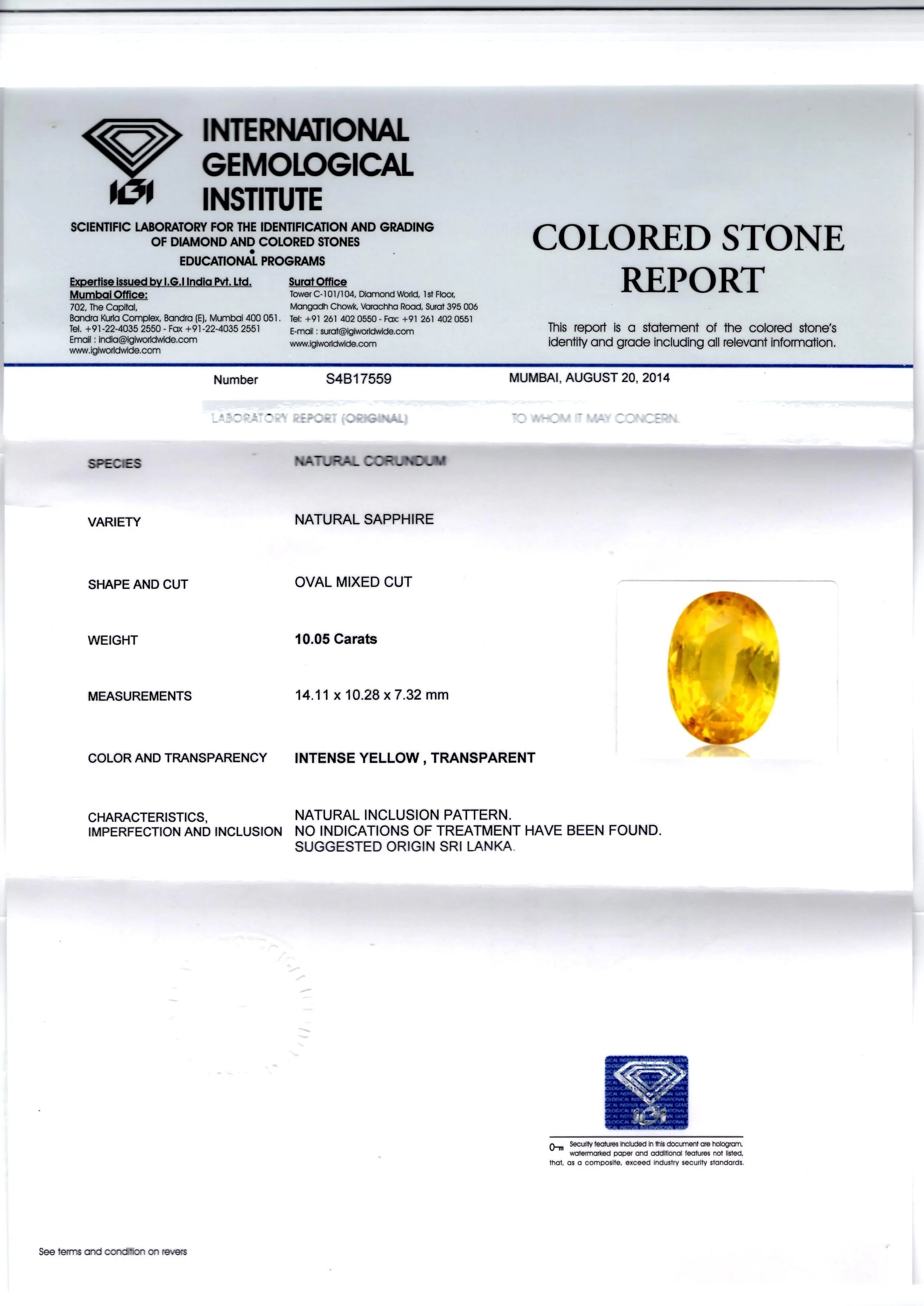 Huge 10.05 Ct Unheated Untreated Natural Ceylon Yellow Sapphire