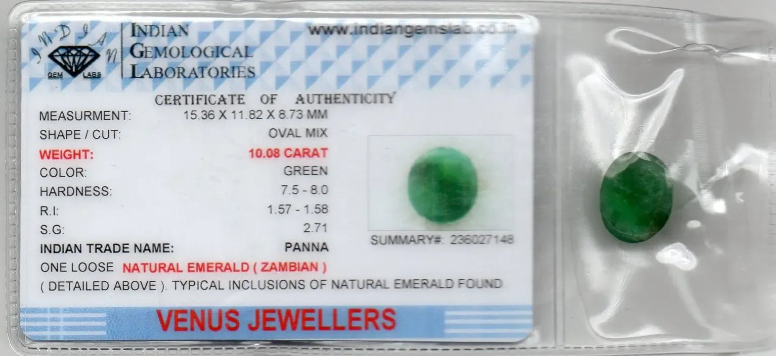 Huge 10.08 Ct Certified Untreated Natural Zambian Emerald Panna Gems - Venus Gems