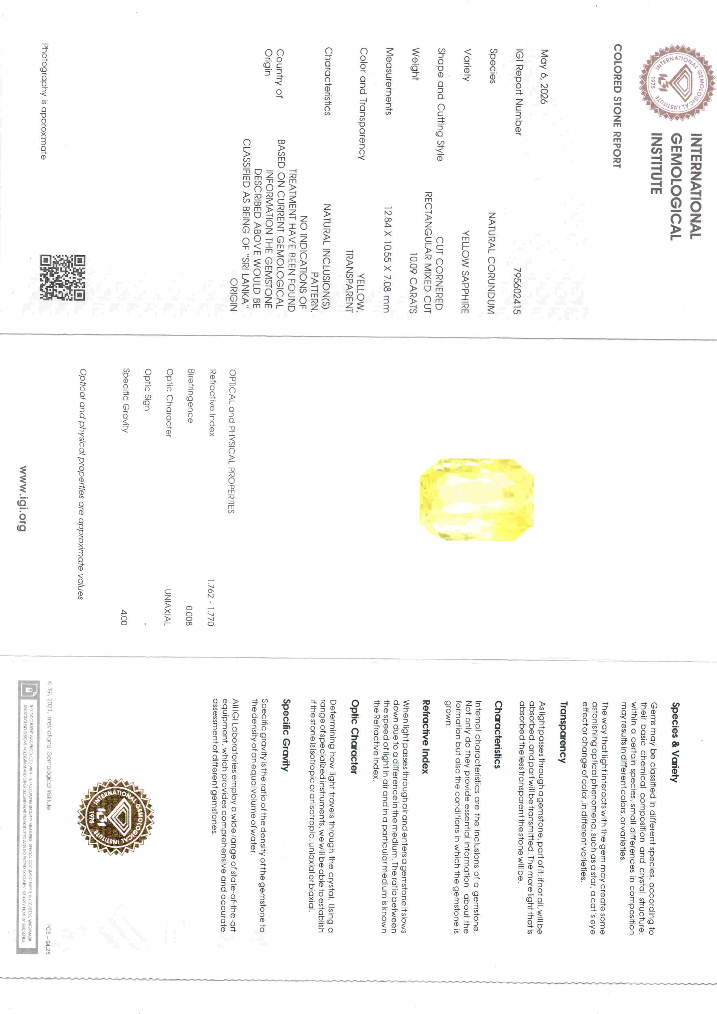 10.09 Carat 11.08 Ratti IGI Certified Yellow Sapphire Pukhraj Unheated Stone