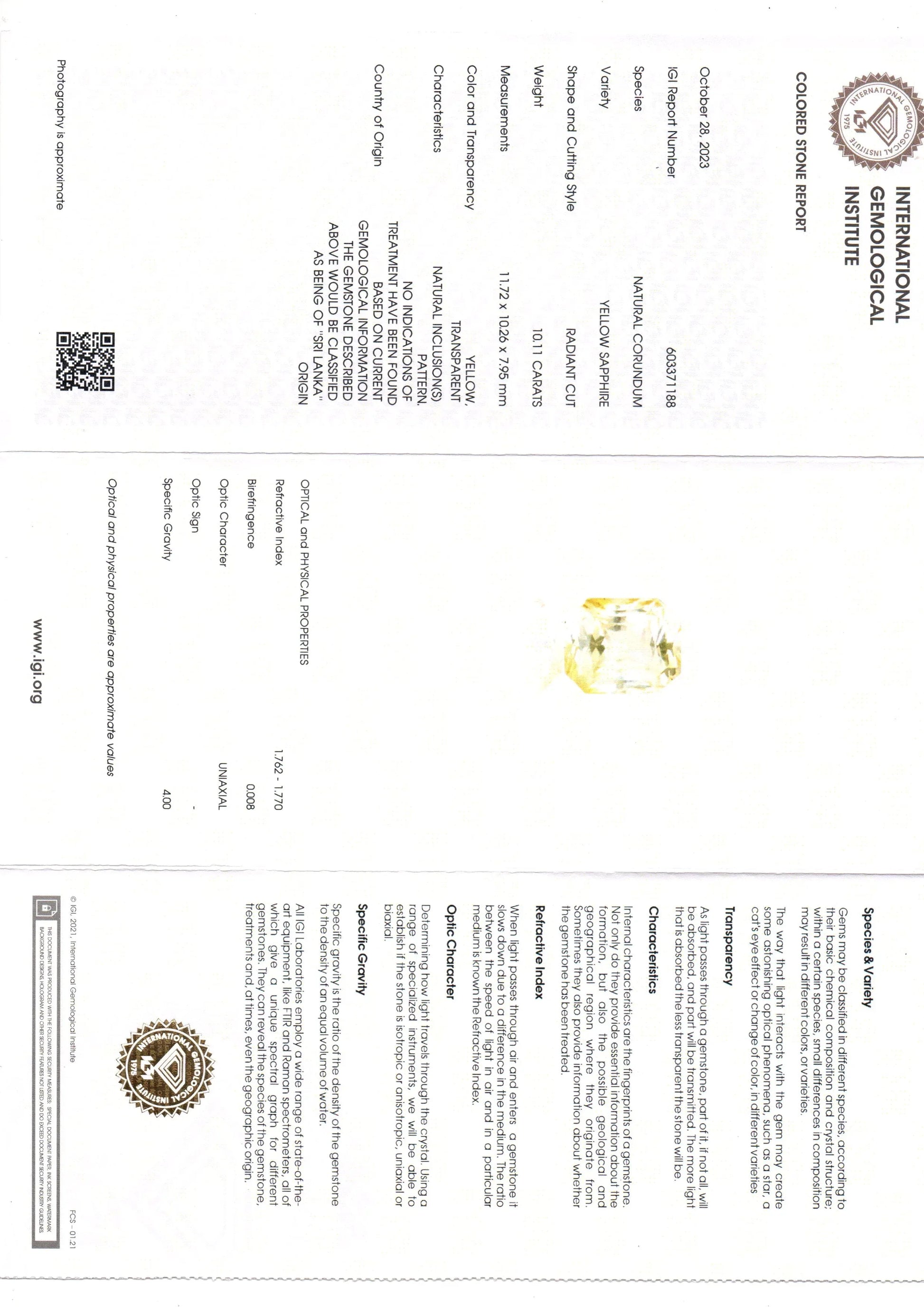 Huge 10.11 Ct IGI Certified Unheated Untreated Natural Ceylon Yellow Sapphire - Venus Gems