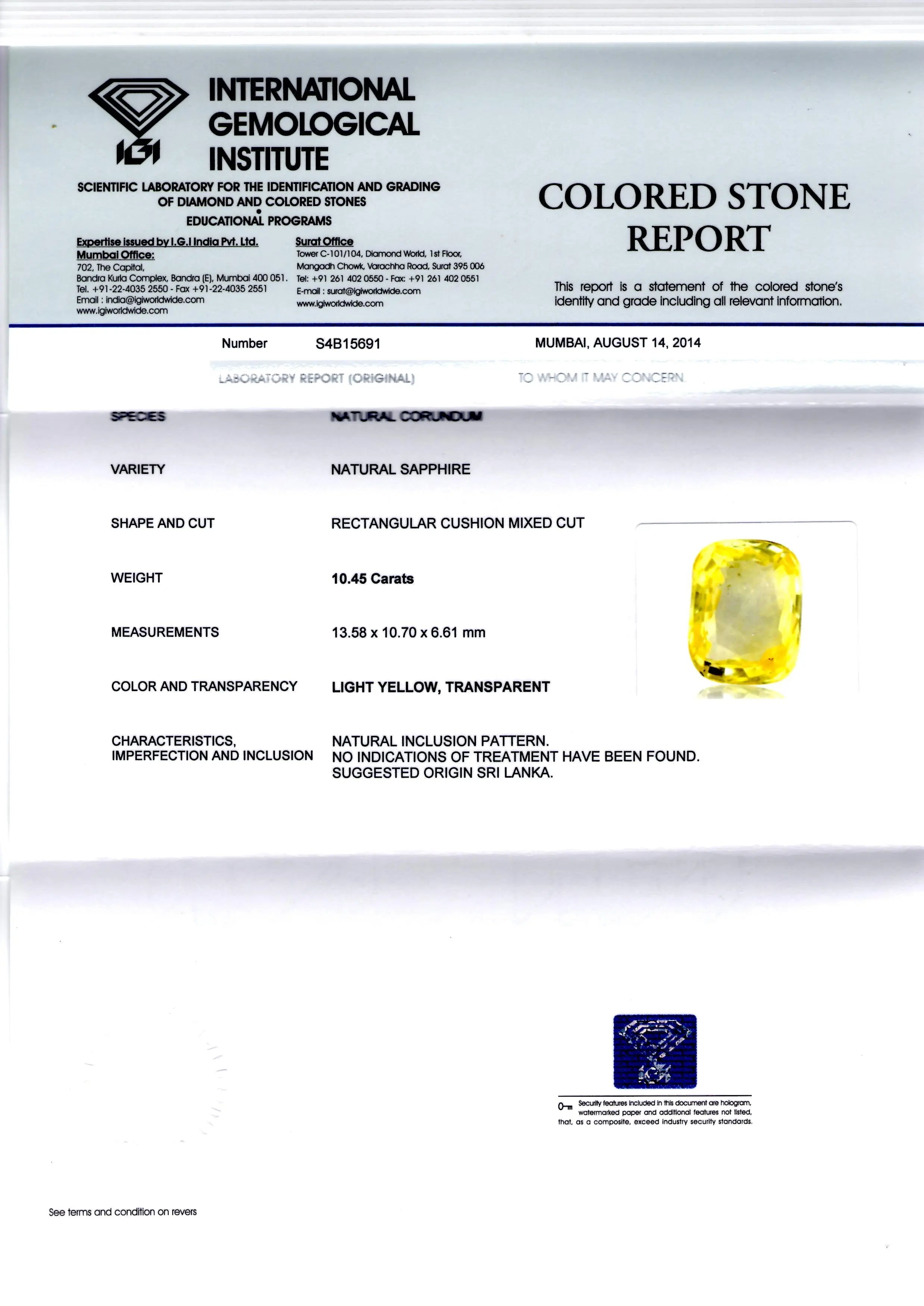 Huge 10.45 Ct Unheated Untreated Natural Ceylon Yellow Sapphire