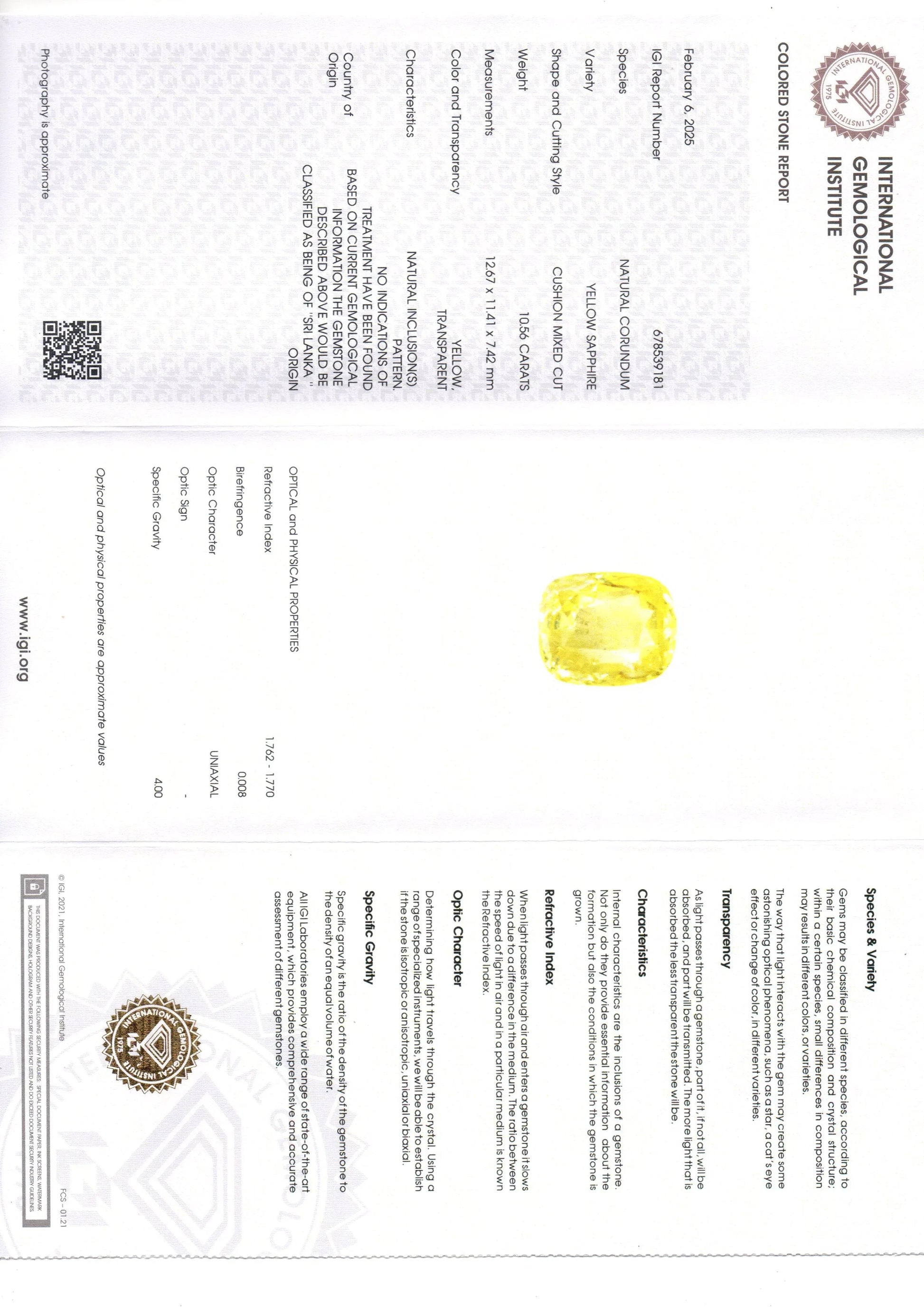 Huge 10.56 Ct IGI Certified Unheated Untreated Ceylon Yellow Sapphire - Venus Gems