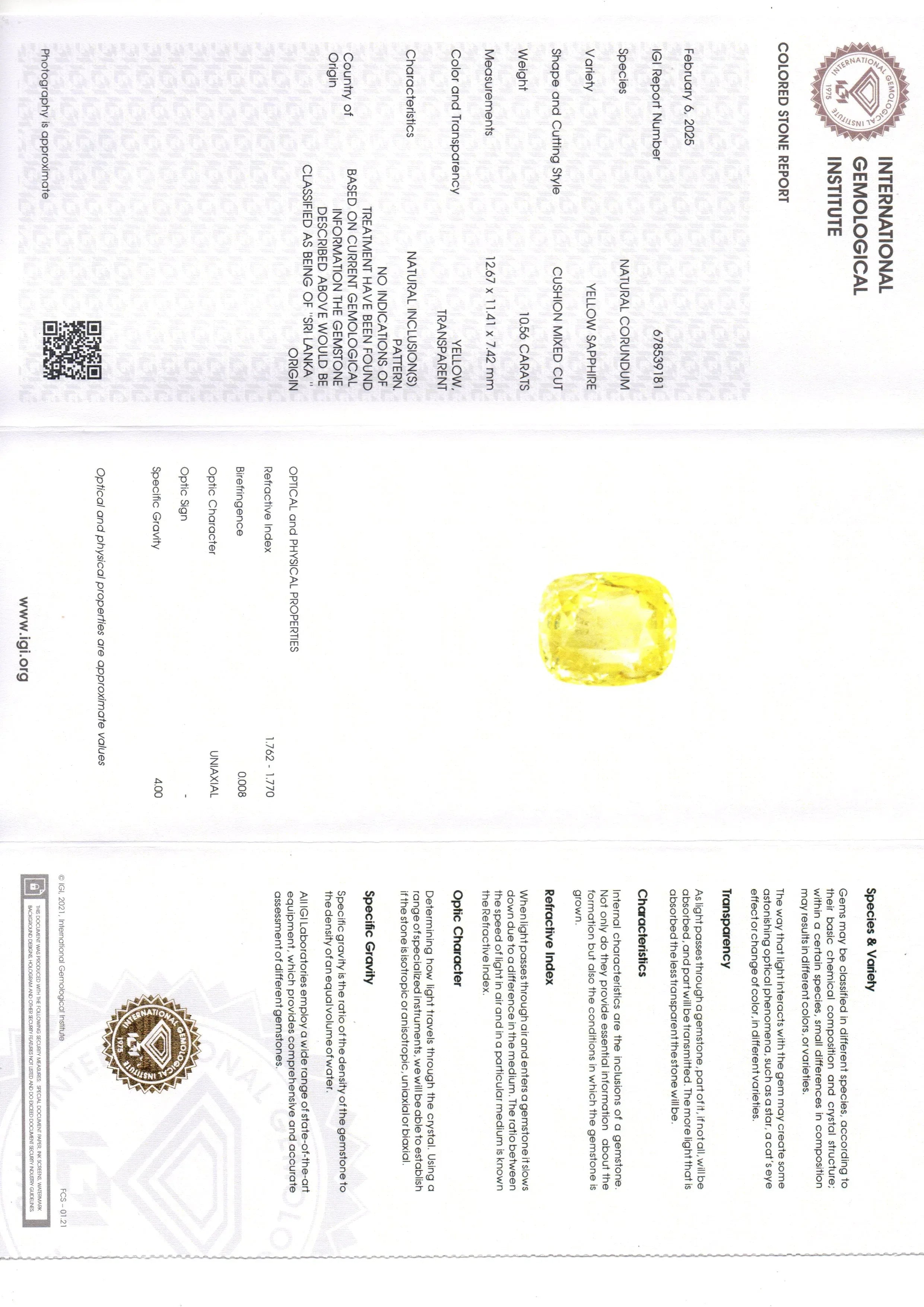 Huge 10.56 Ct IGI Certified Unheated Untreated Ceylon Yellow Sapphire - Venus Gems