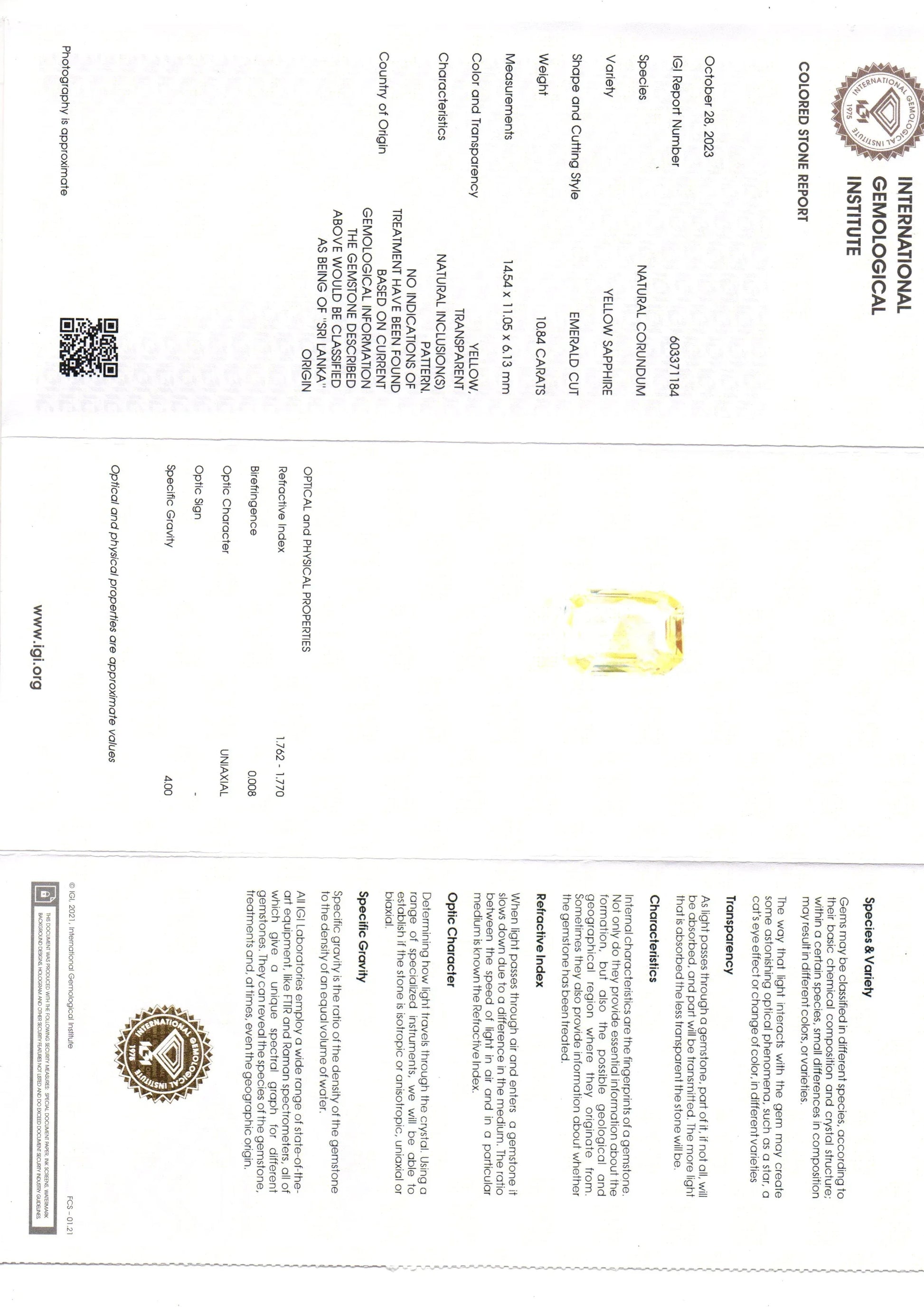 Huge 10.84 Ct IGI Certified Unheated Untreated Natural Ceylon Yellow Sapphire - Venus Gems