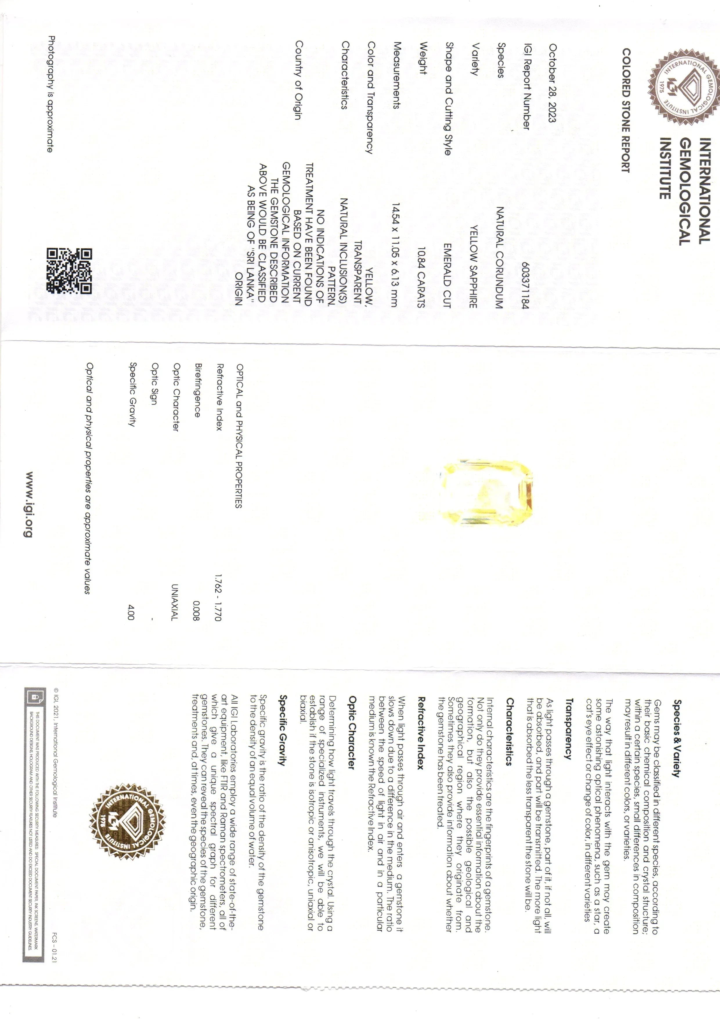 Huge 10.84 Ct IGI Certified Unheated Untreated Natural Ceylon Yellow Sapphire - Venus Gems