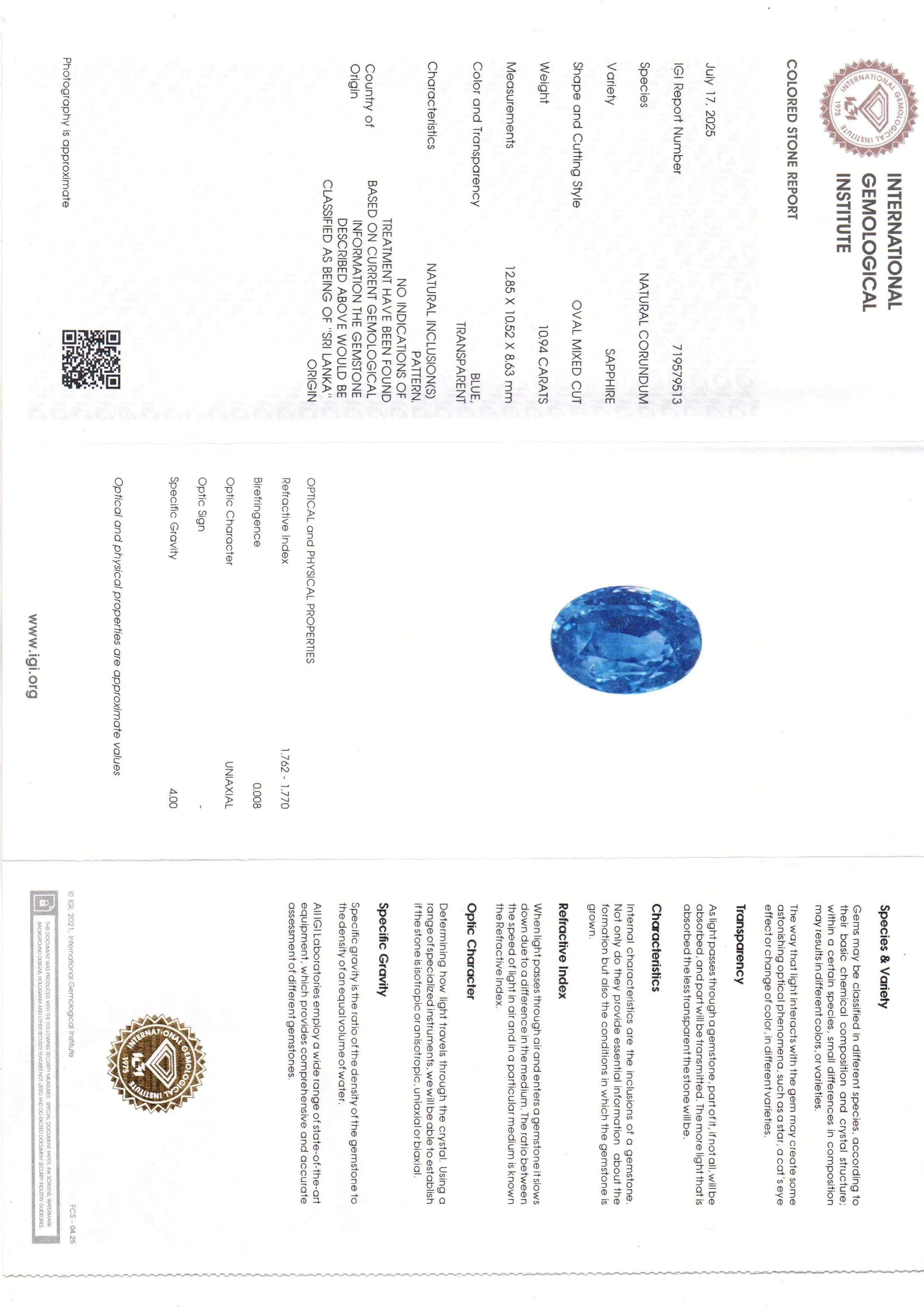 Huge 10.94 Ct IGI Certified Unheated Untreated Natural Ceylon Blue Sapphire - Venus Gems