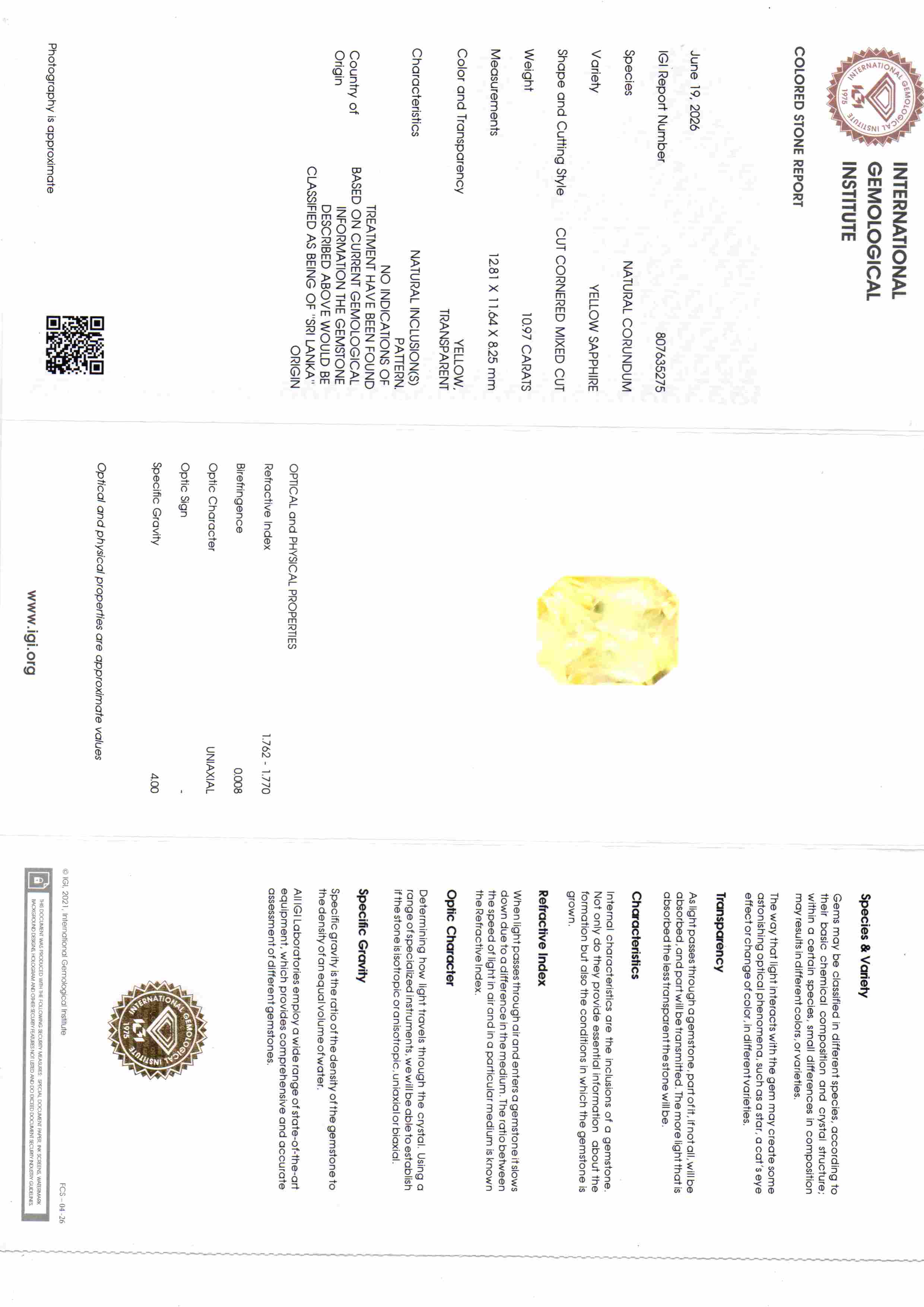 Huge 10.97 Ct IGI Certified Unheated Natural Ceylon Yellow Sapphire Pukhraj – 12 Ratti