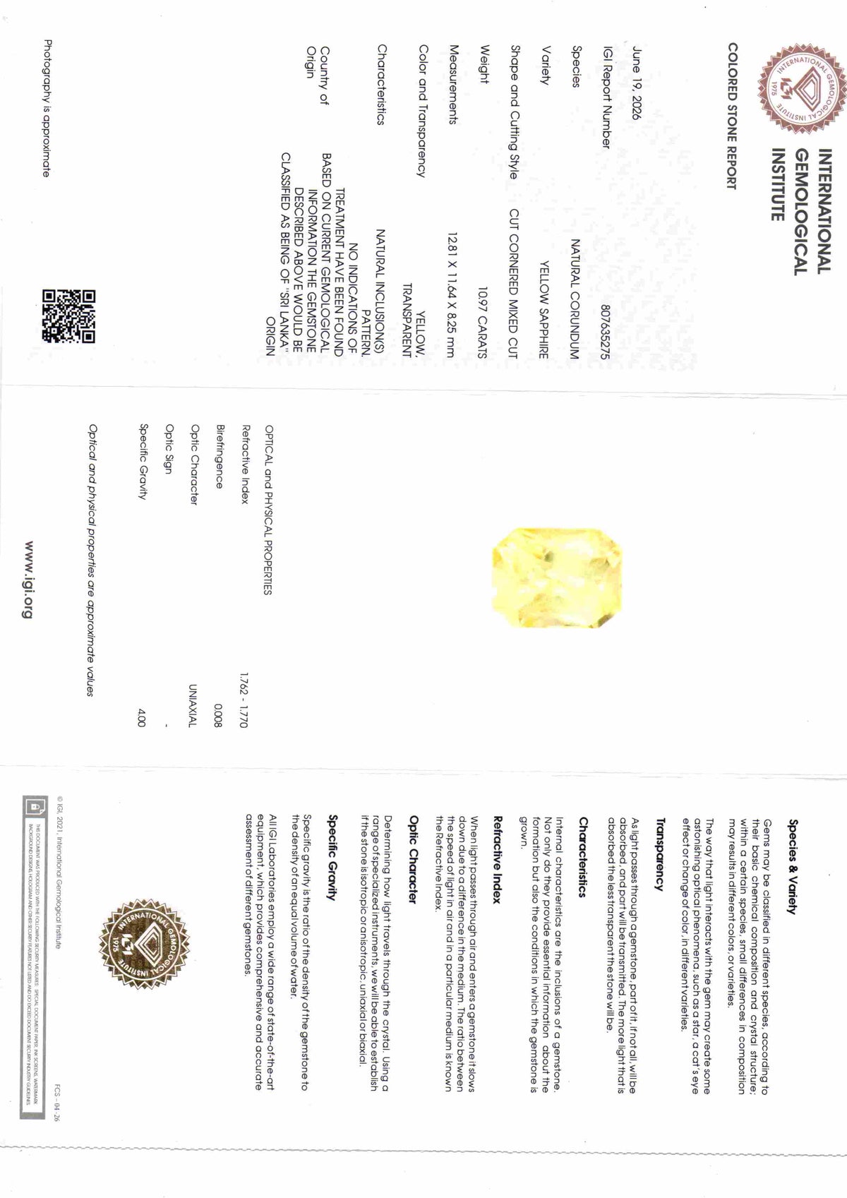 IGI Certified 10.97 Ct Unheated Natural Ceylon Yellow Sapphire Pukhraj with detailed certification information.