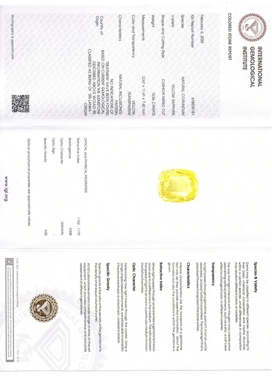 Huge 10.56 Ct IGI Certified Unheated Untreated Ceylon Yellow Sapphire - Venus Gems