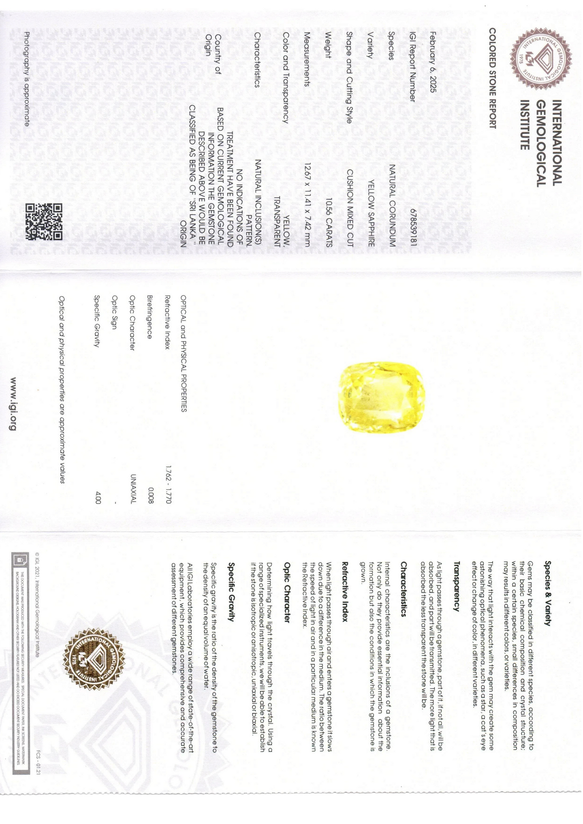 Huge 10.56 Ct IGI Certified Unheated Untreated Ceylon Yellow Sapphire - Venus Gems