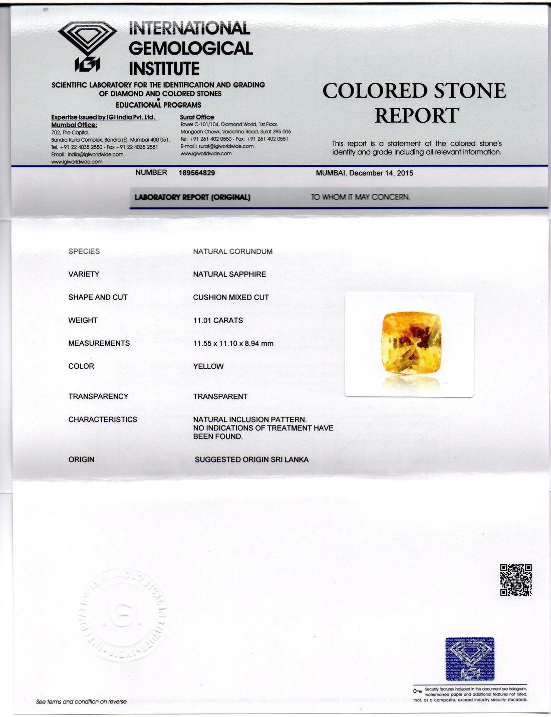 Huge 11.01 Ct Unheated Untreated Natural Ceylon Yellow Sapphire