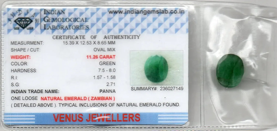 Huge 11.26 Ct Certified Untreated Natural Zambian Emerald Panna Gems - Venus Gems