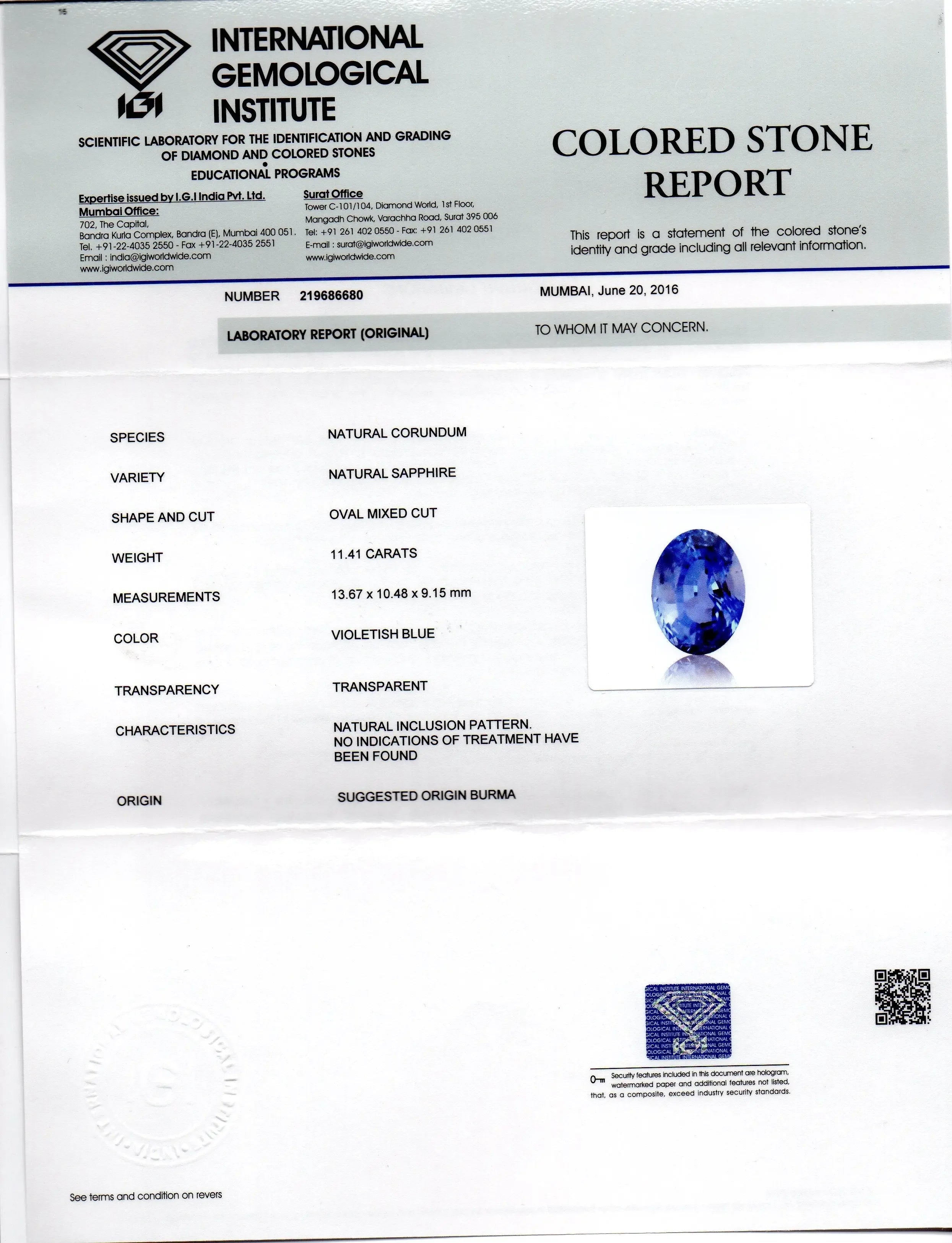 Huge 11.41 Ct IGI Certified Unheated Untreated Burma Blue Sapphire A++ - Venus Gems