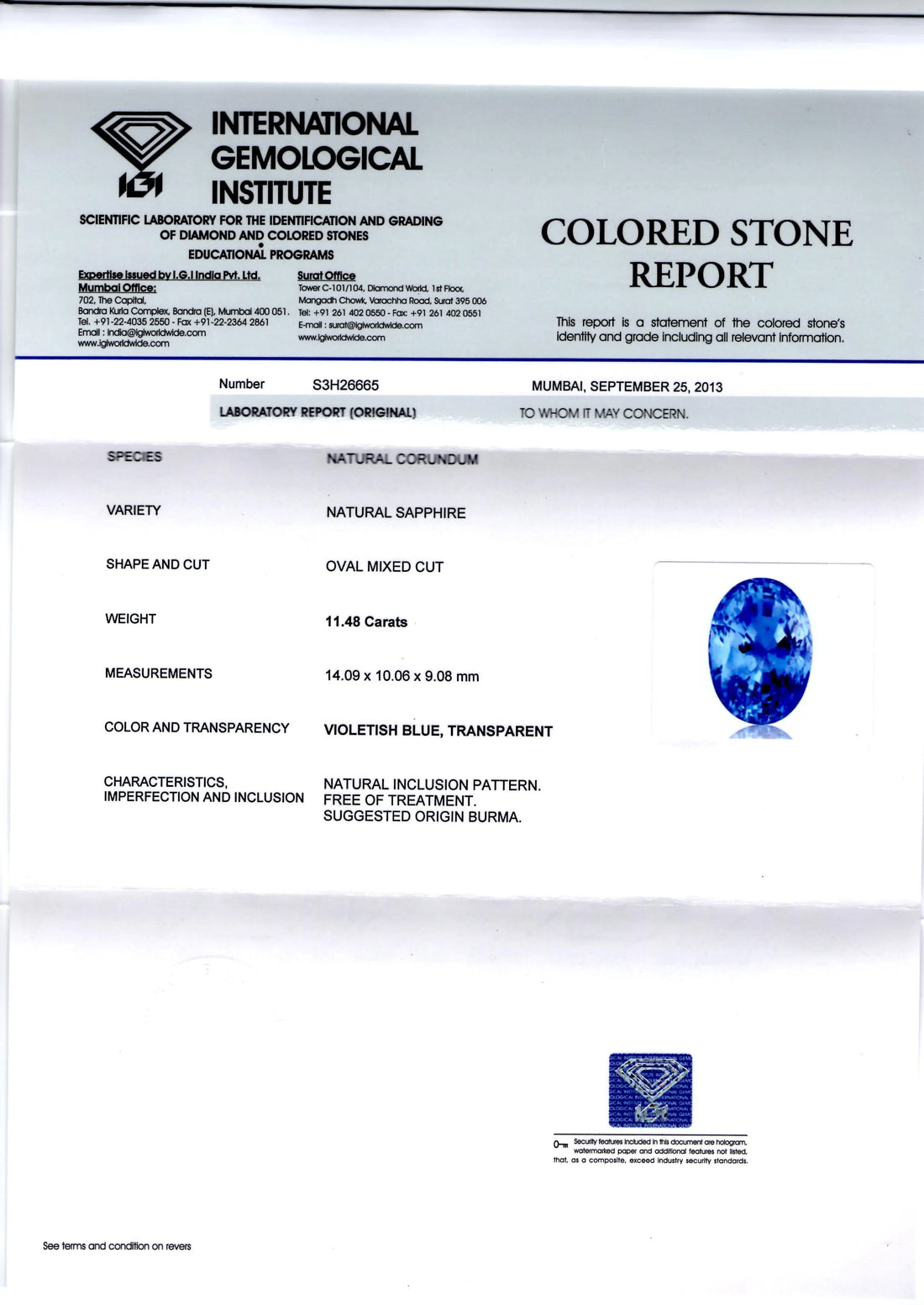 Huge 11.48 Ct IGI Certified Unheated Untreated Burma Blue Sapphire AA