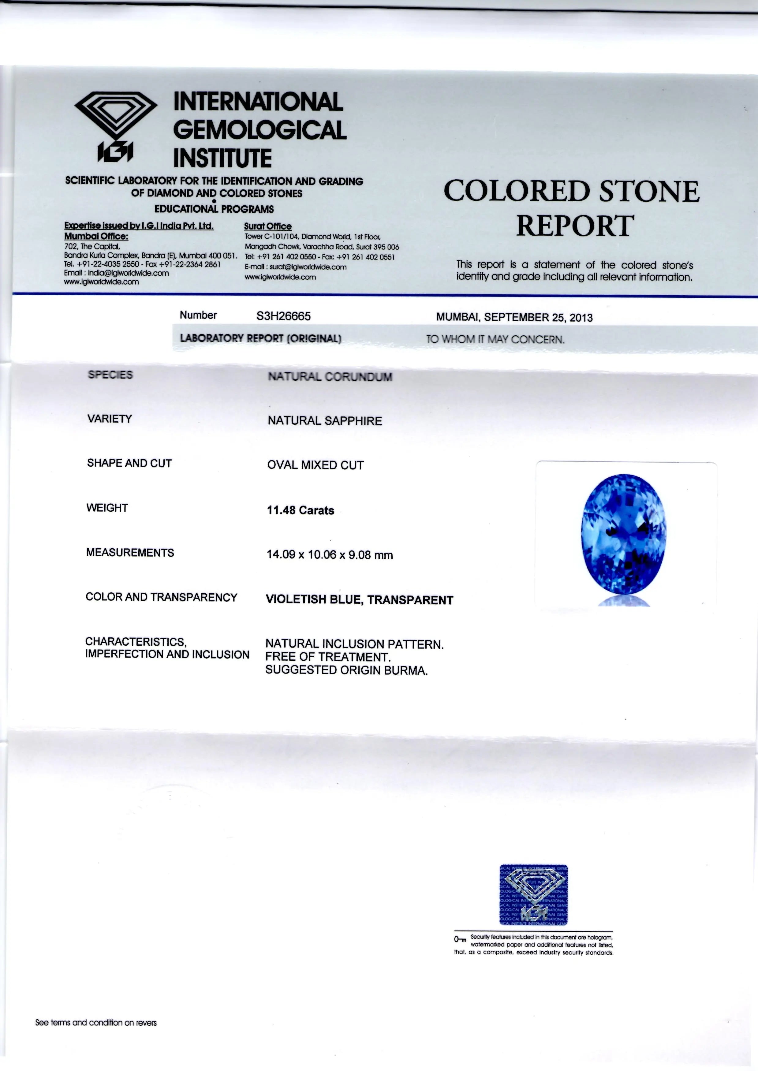 Huge 11.48 Ct IGI Certified Unheated Untreated Burma Blue Sapphire AA