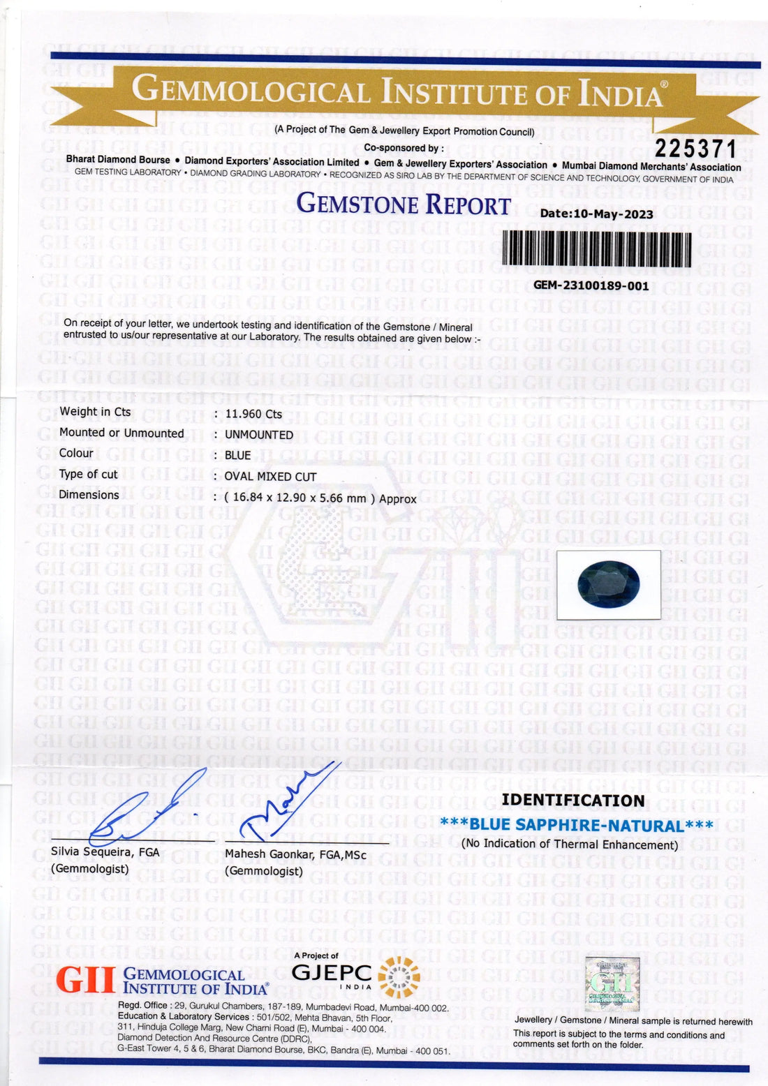 Huge 11.96 Ct GII Certified Unheated Untreated African Blue Sapphire