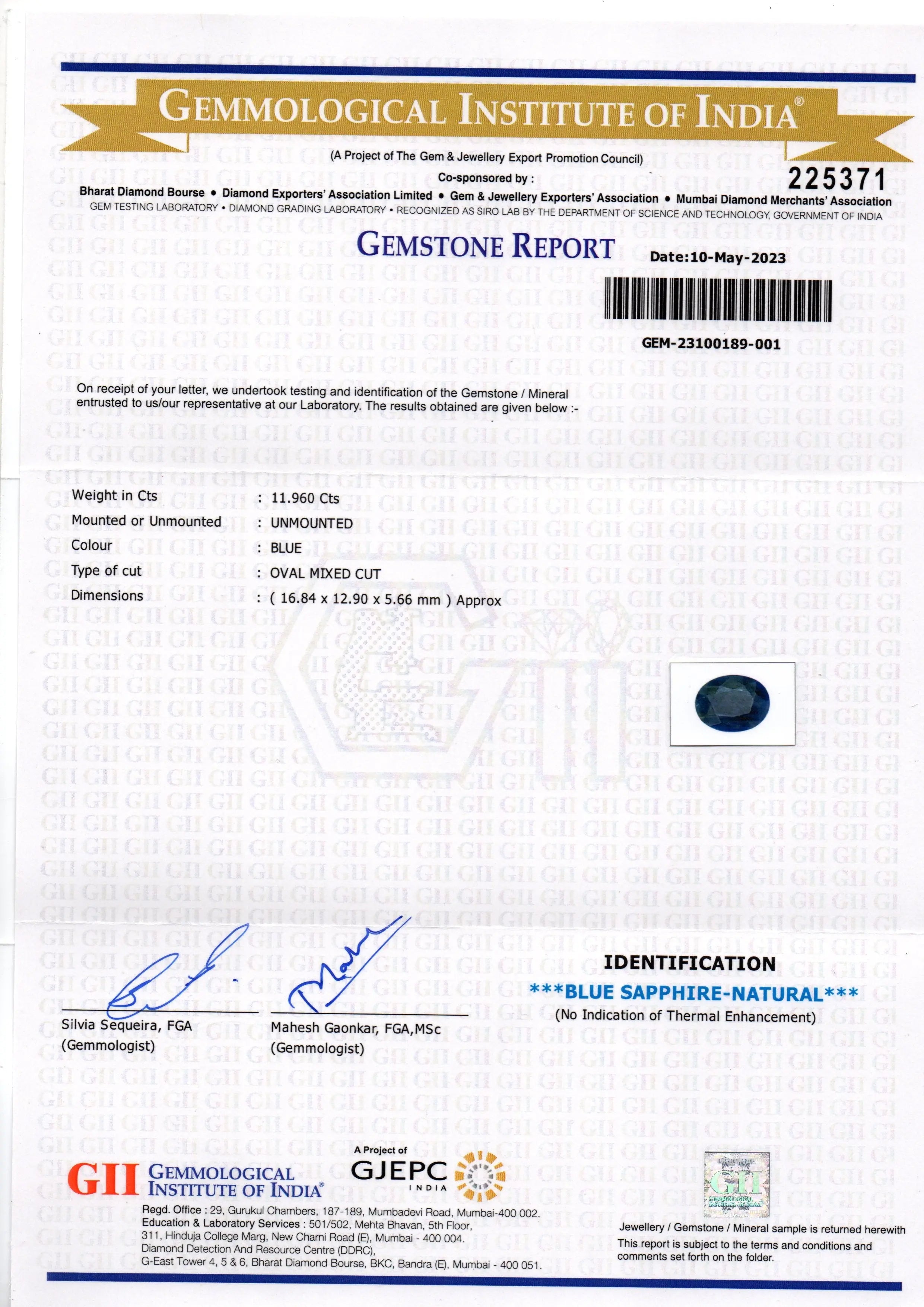 Huge 11.96 Ct GII Certified Unheated Untreated African Blue Sapphire