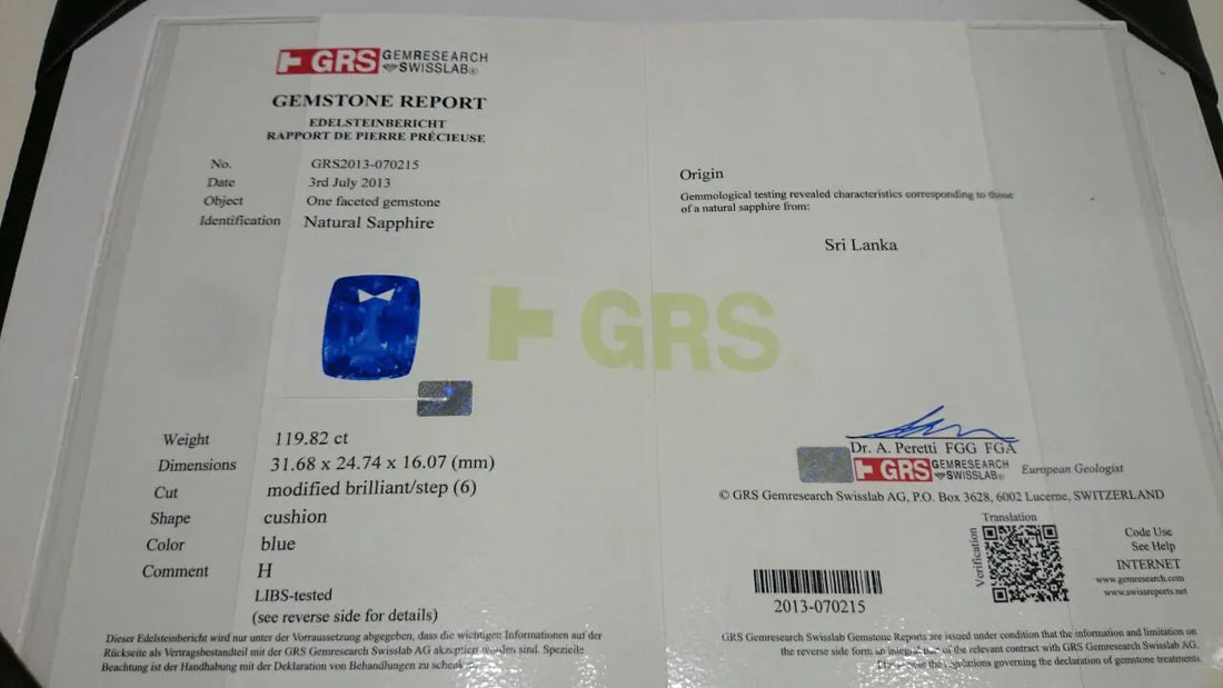 Huge 119.82 Ct GRS Certified Untreated Natural Ceylon Blue Sapphire AA