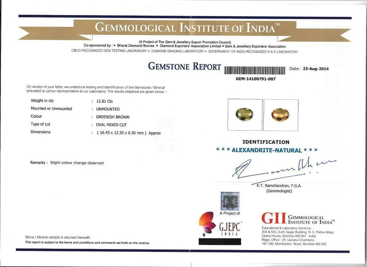 Huge 12.81 Ct Untreated Natural GII Certified Colour Changing Alexandrite