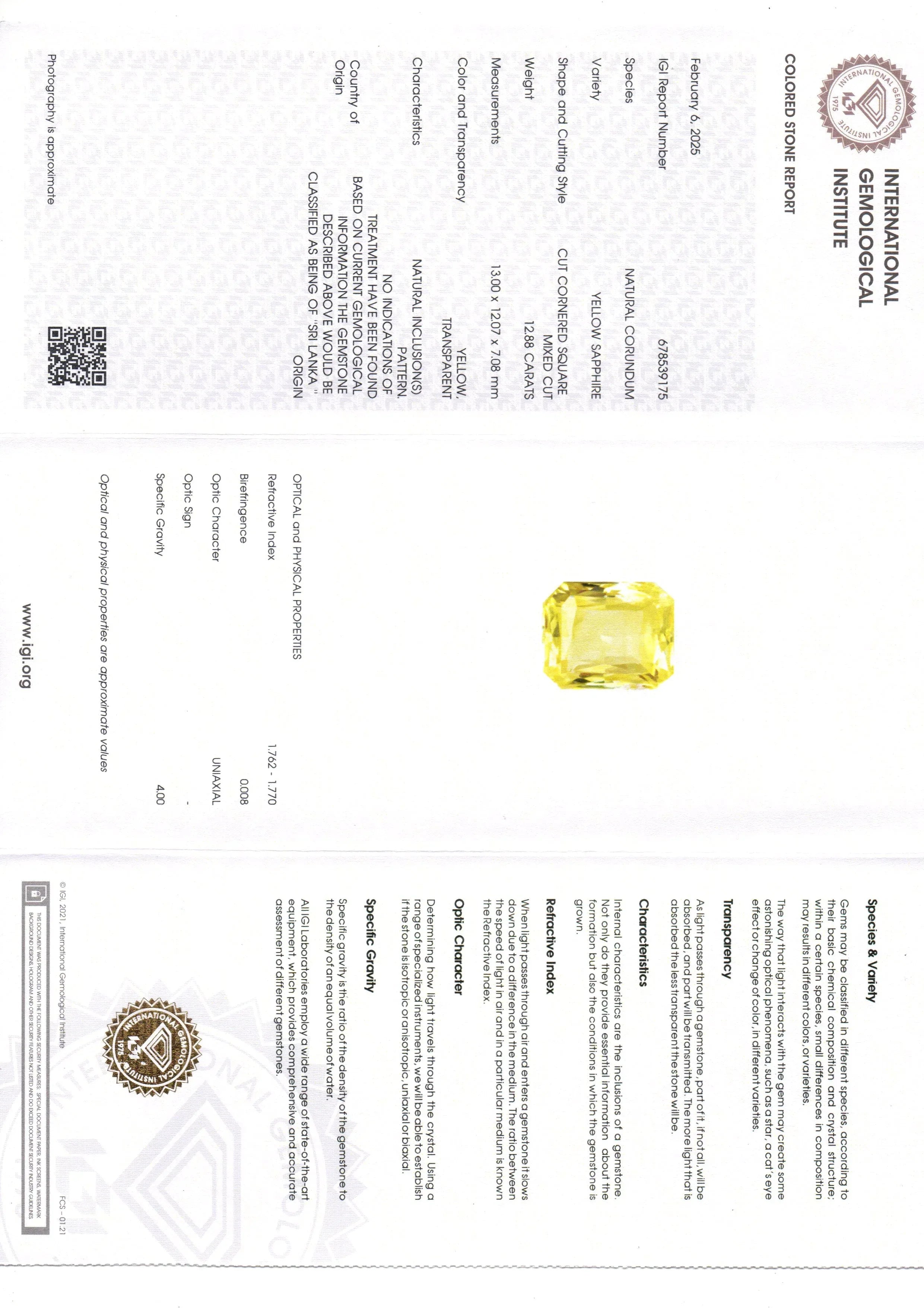 Huge 12.88 Ct IGI Certified Unheated Untreated Natural Ceylon Yellow Sapphire - Venus Gems