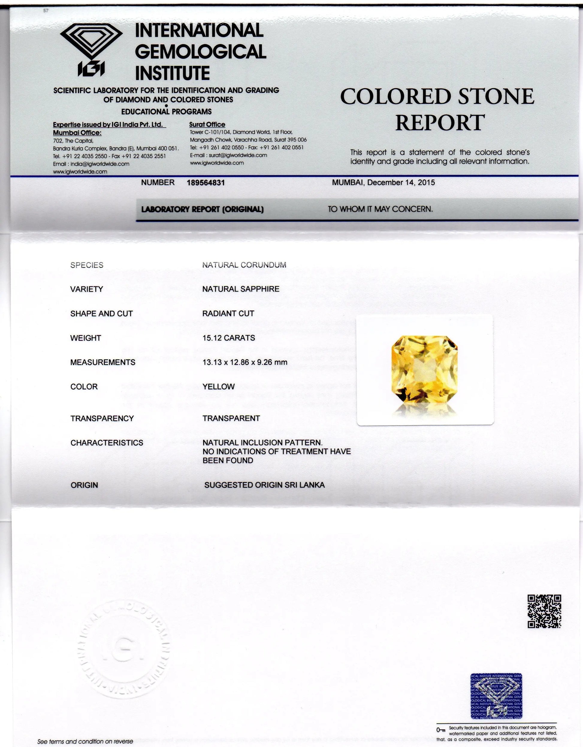 Huge 15.12 Ct Unheated Untreated Natural Ceylon Yellow Sapphire Gems