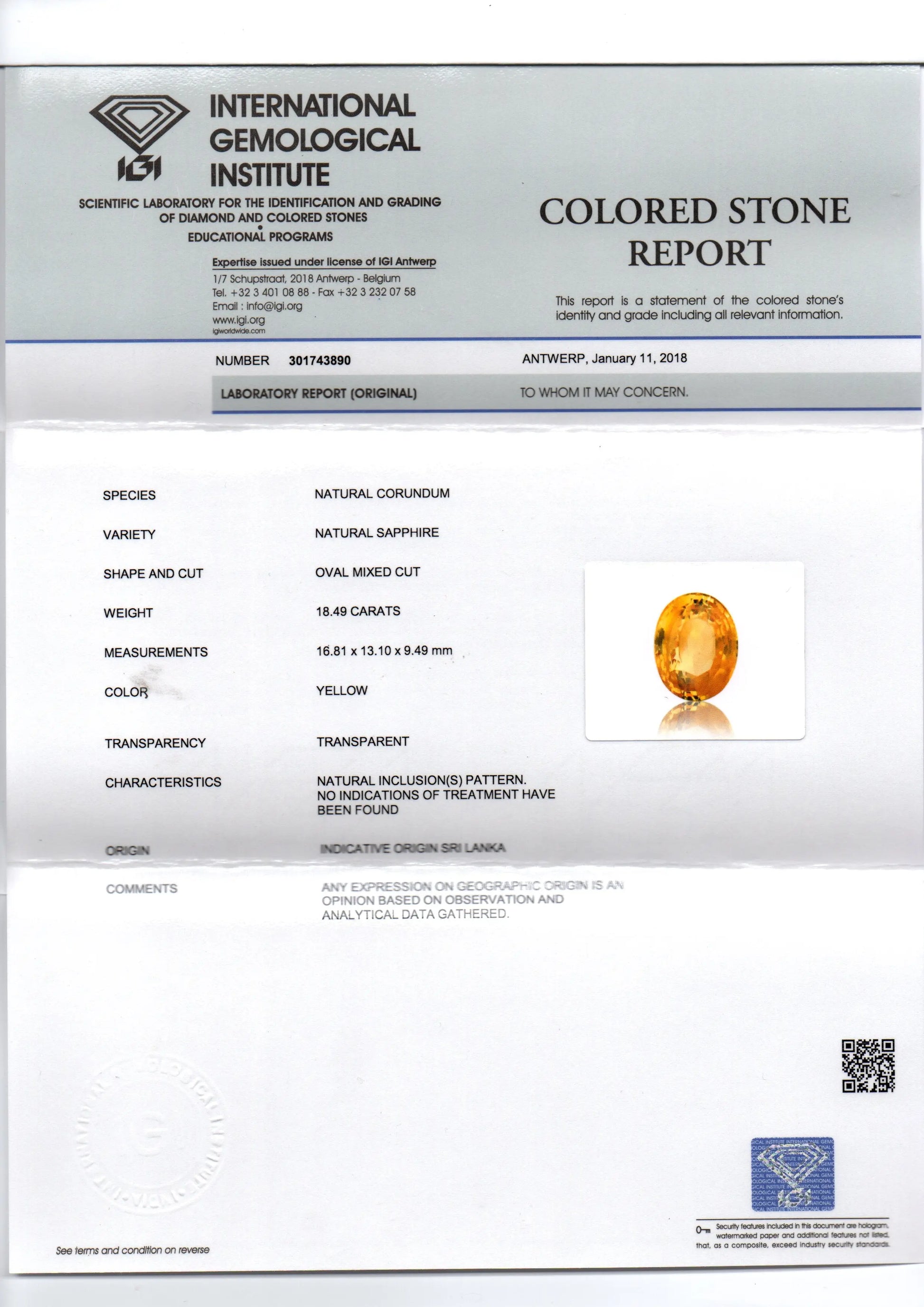Huge 18.49 Ct Unheated Untreated Natural Ceylon Yellow Sapphire Gemstone