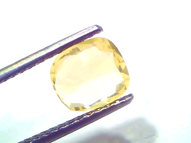1.98 Ct Certified Unheated Natural Ceylon Yellow Sapphire Pukhraj displayed in tweezers, showcasing its brilliant cut and yel