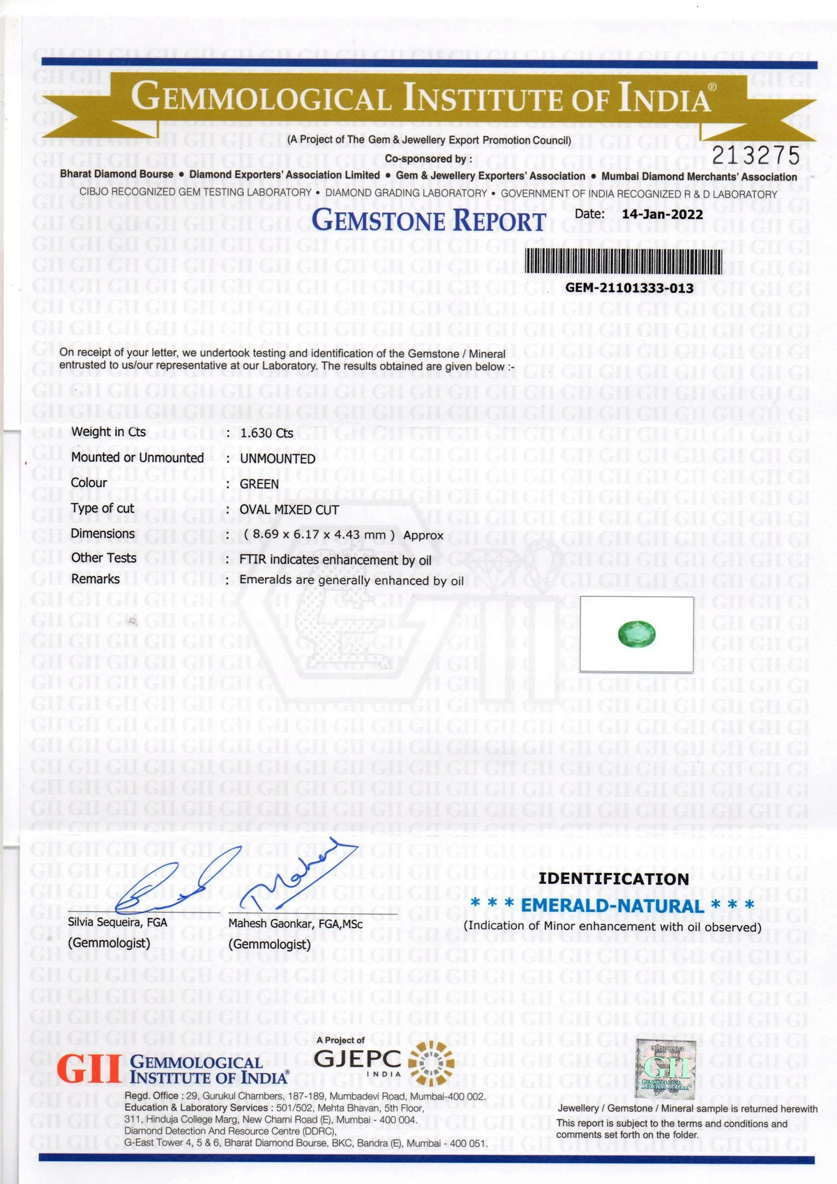 1.63 Ct GII Certified Untreated Natural Zambian Emerald Gemstone - Venus Gems