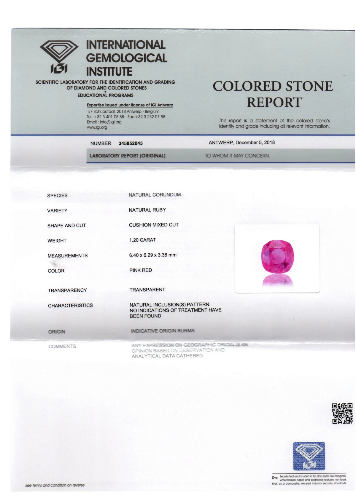 1.20 Ct IGI Certified Unheated Untreated Natural Old Burma Ruby AAA - Venus Gems