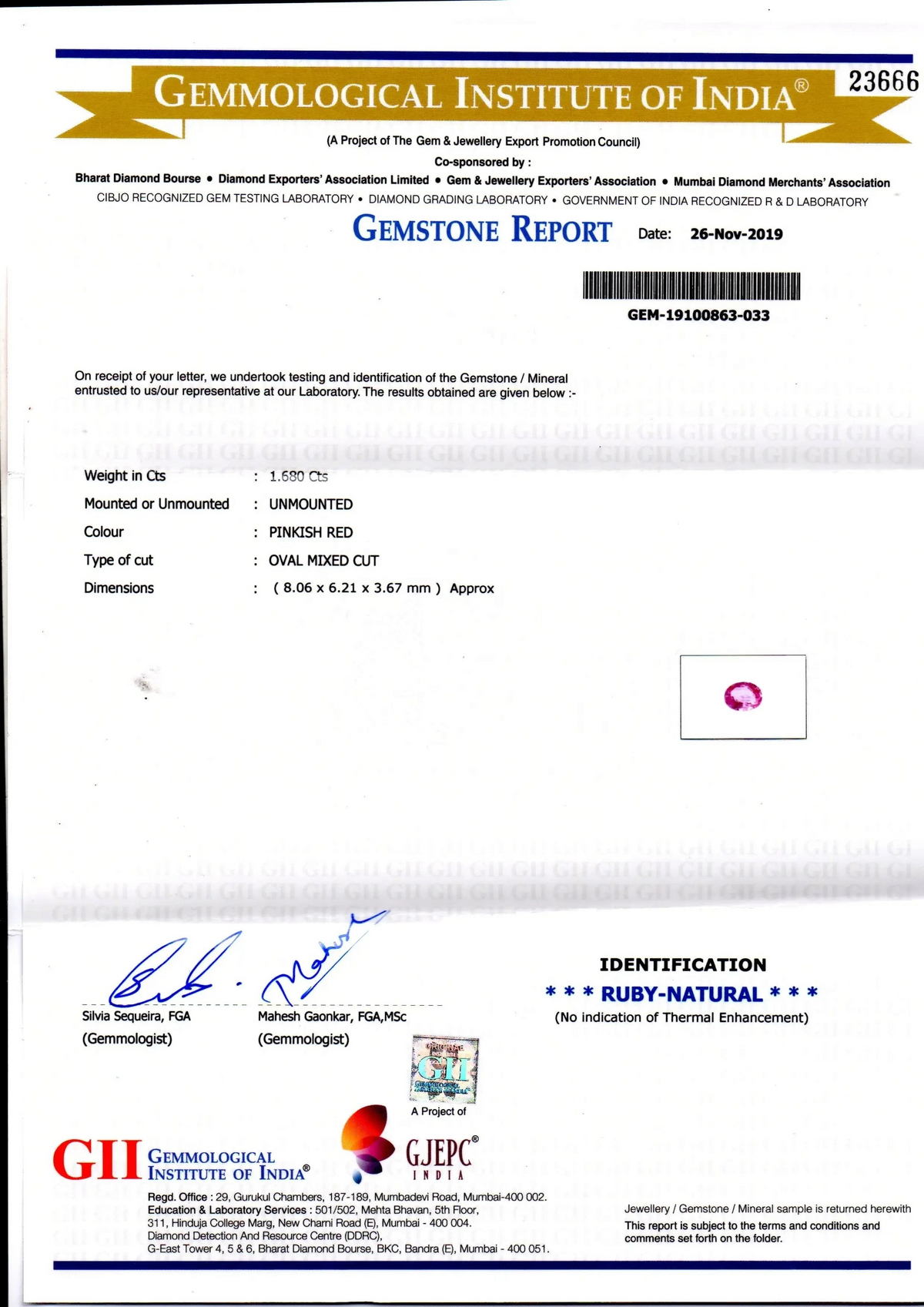 1.68 Ct GII Certified Unheated Untreated Natural Madagaskar Ruby - Venus Gems
