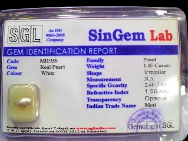 1.85 Ct 3.1 Ratti Certified Natural Venunjula Real Pearl/Real Moti - Venus Gems