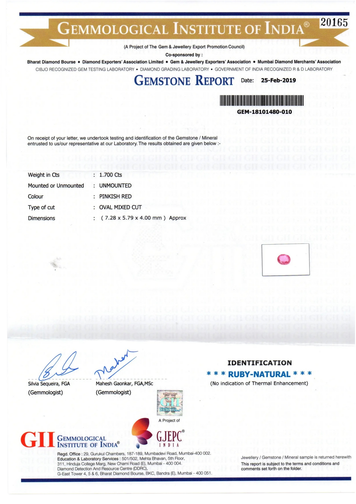1.70 Ct GII Certified Unheated Untreated Natural Madagaskar Ruby AAA - Venus Gems