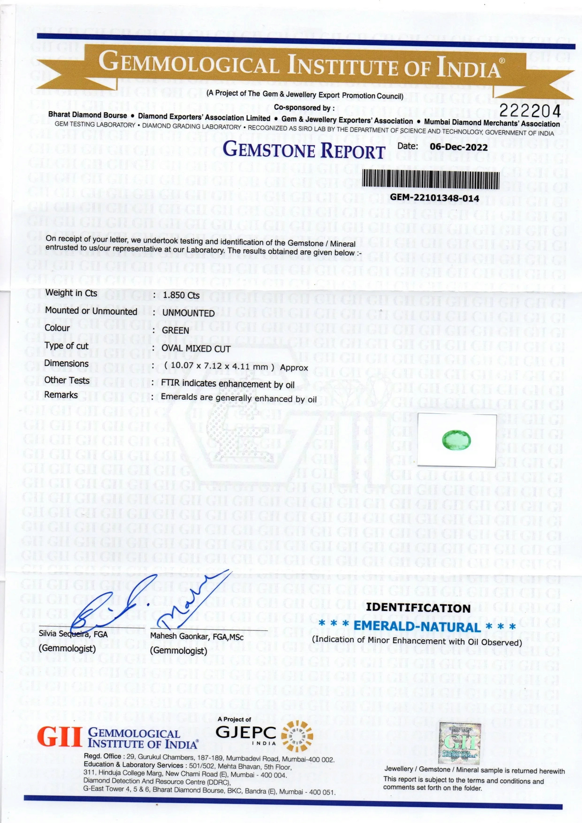 1.85 Ct GII Certified Untreated Natural Colombian Emerald Gemstone AAA - Venus Gems