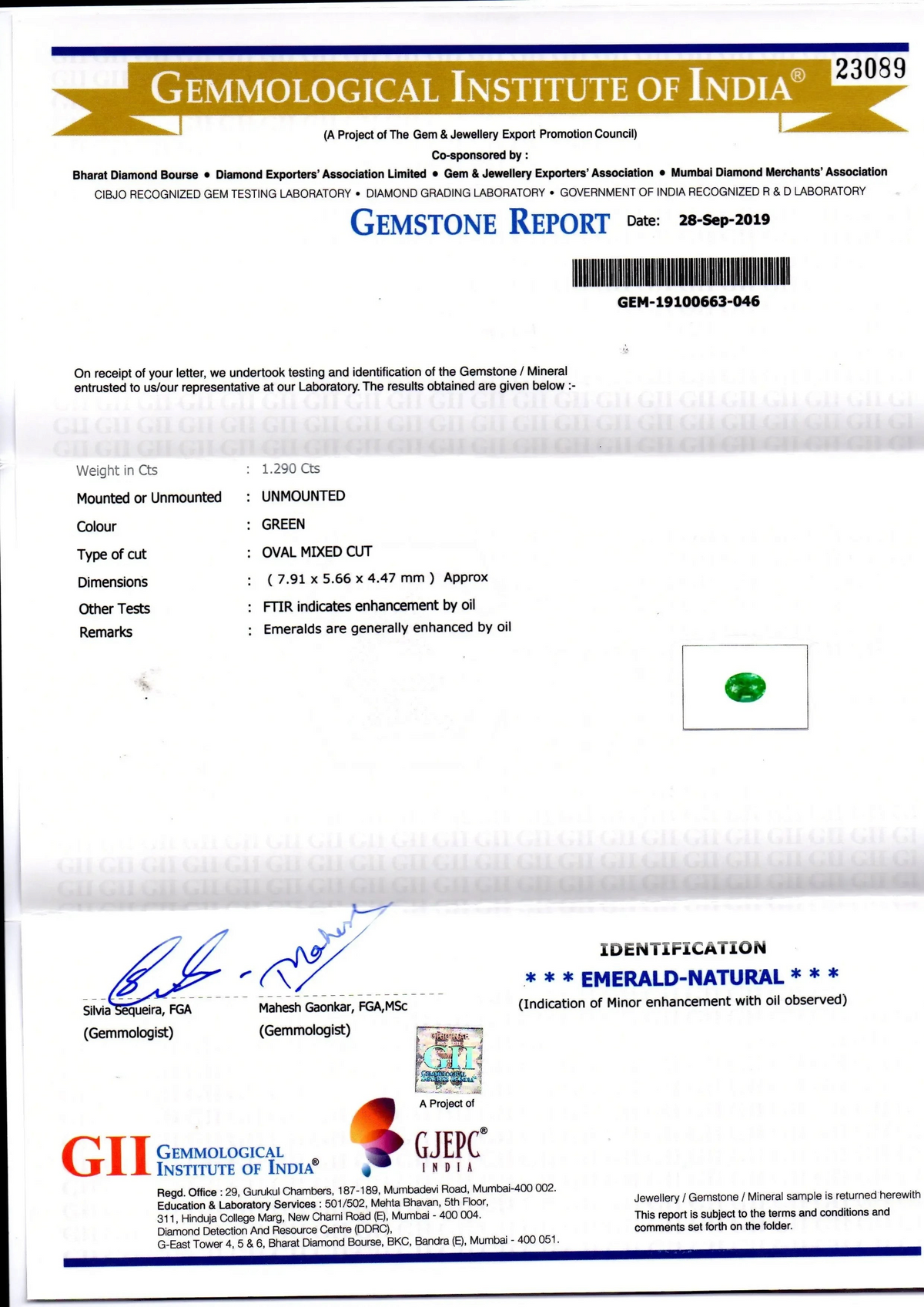 1.29 Ct GII Certified Untreated Natural Zambian Emerald Gemstone AAA - Venus Gems