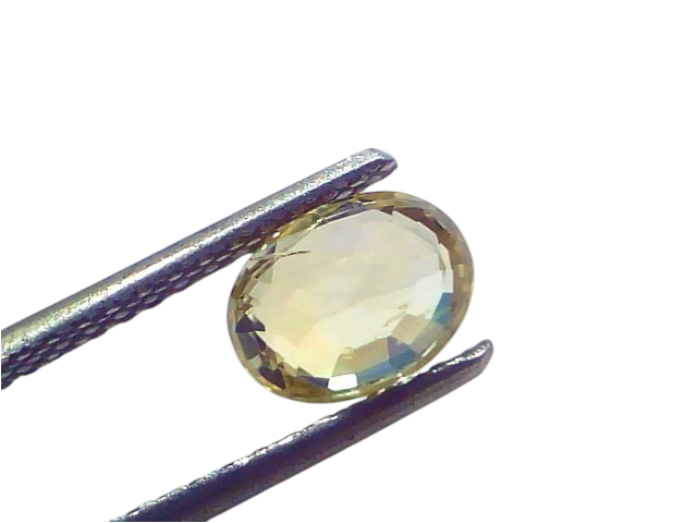 Oval-shaped 1.90 Ct certified unheated natural Ceylon yellow sapphire held with tweezers, showcasing its vibrant yellow hue.