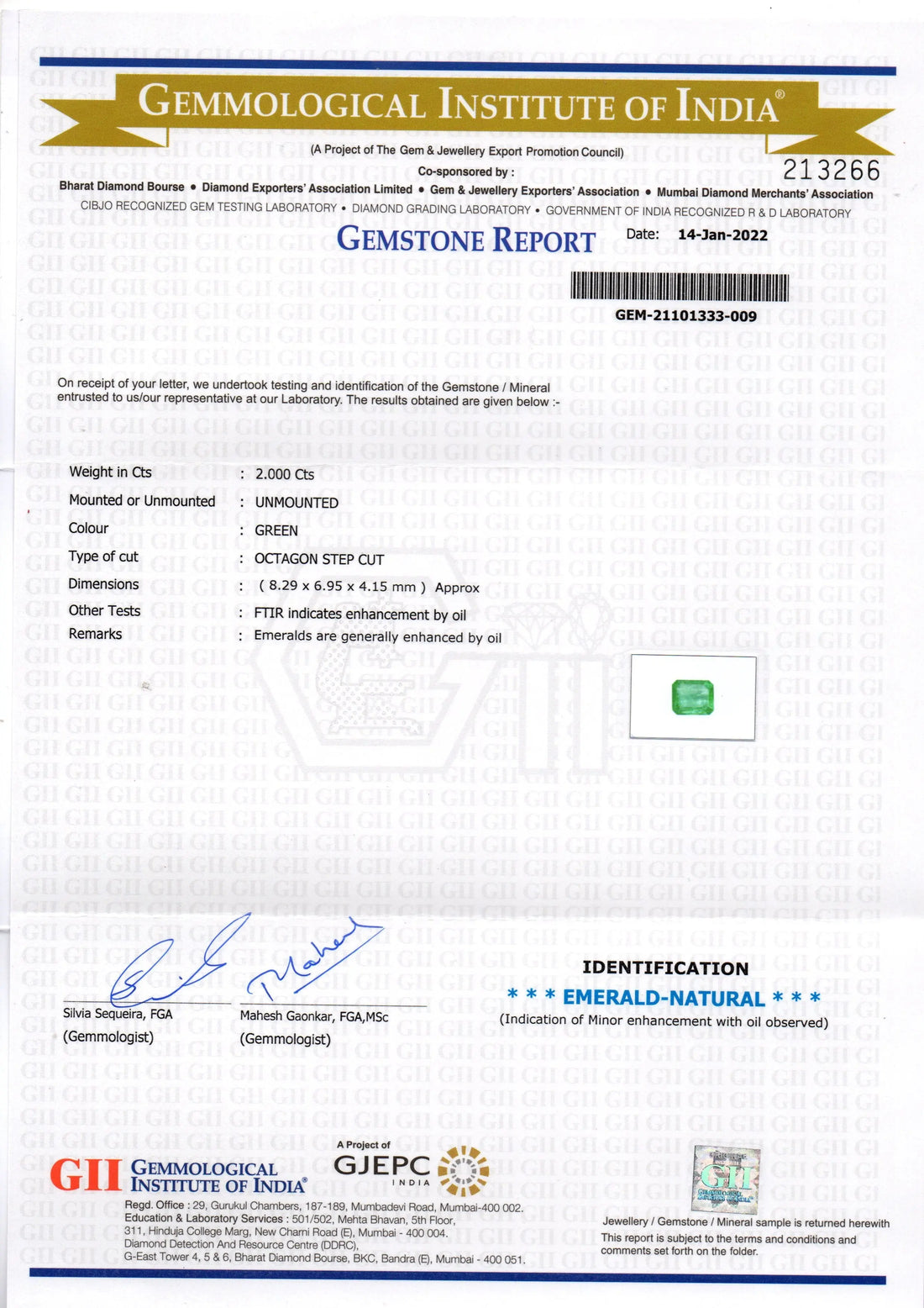 2.00 Ct GII Certified Untreated Natural Zambian Emerald Gemstone