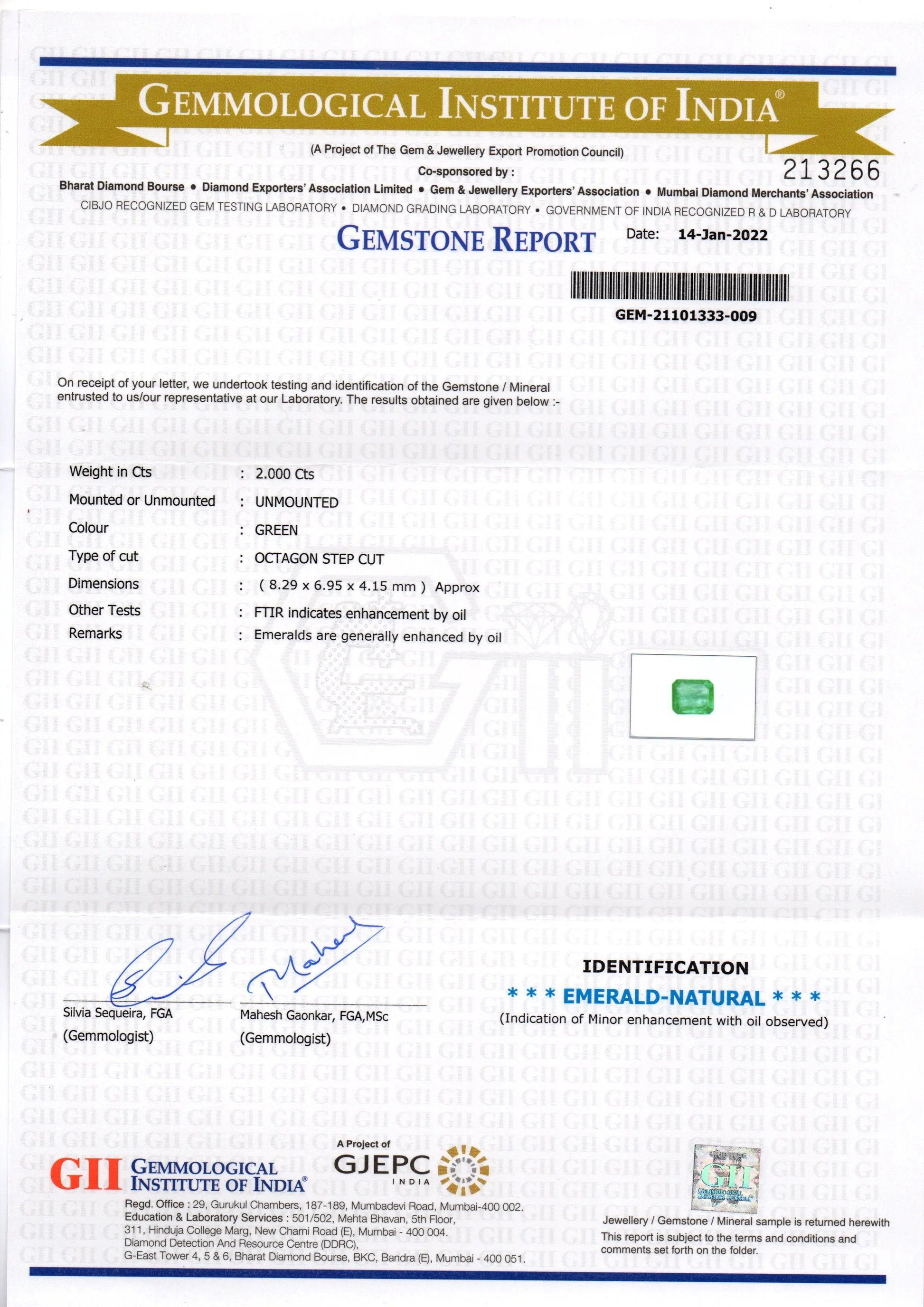 2.00 Ct GII Certified Untreated Natural Zambian Emerald Gemstone