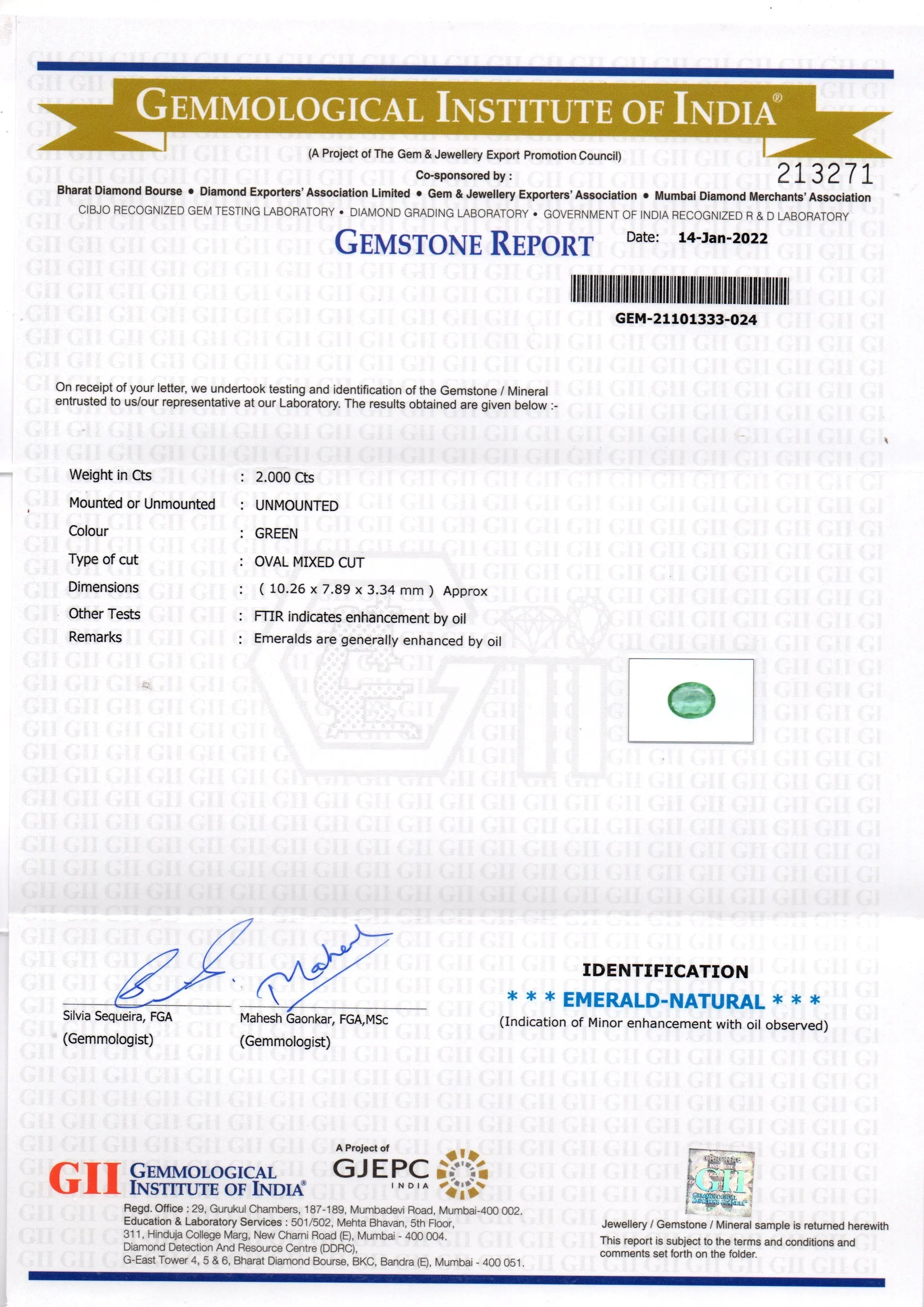 2.00 Ct GII Certified Untreated Natural Zambian Emerald Gemstone