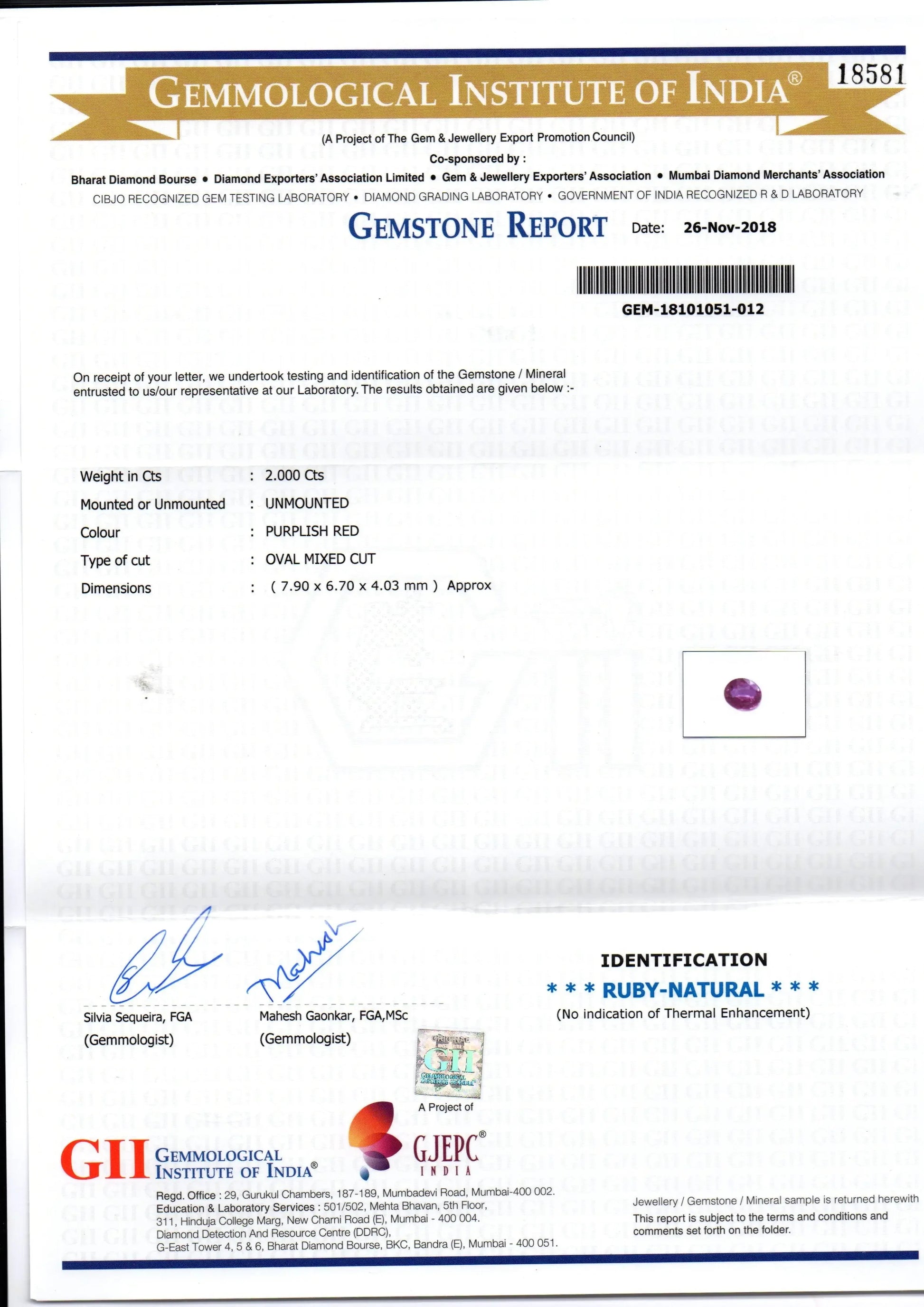 2.00 Ct GII Certified Unheated Untreated Natural Madagaskar Ruby AAA - Venus Gems