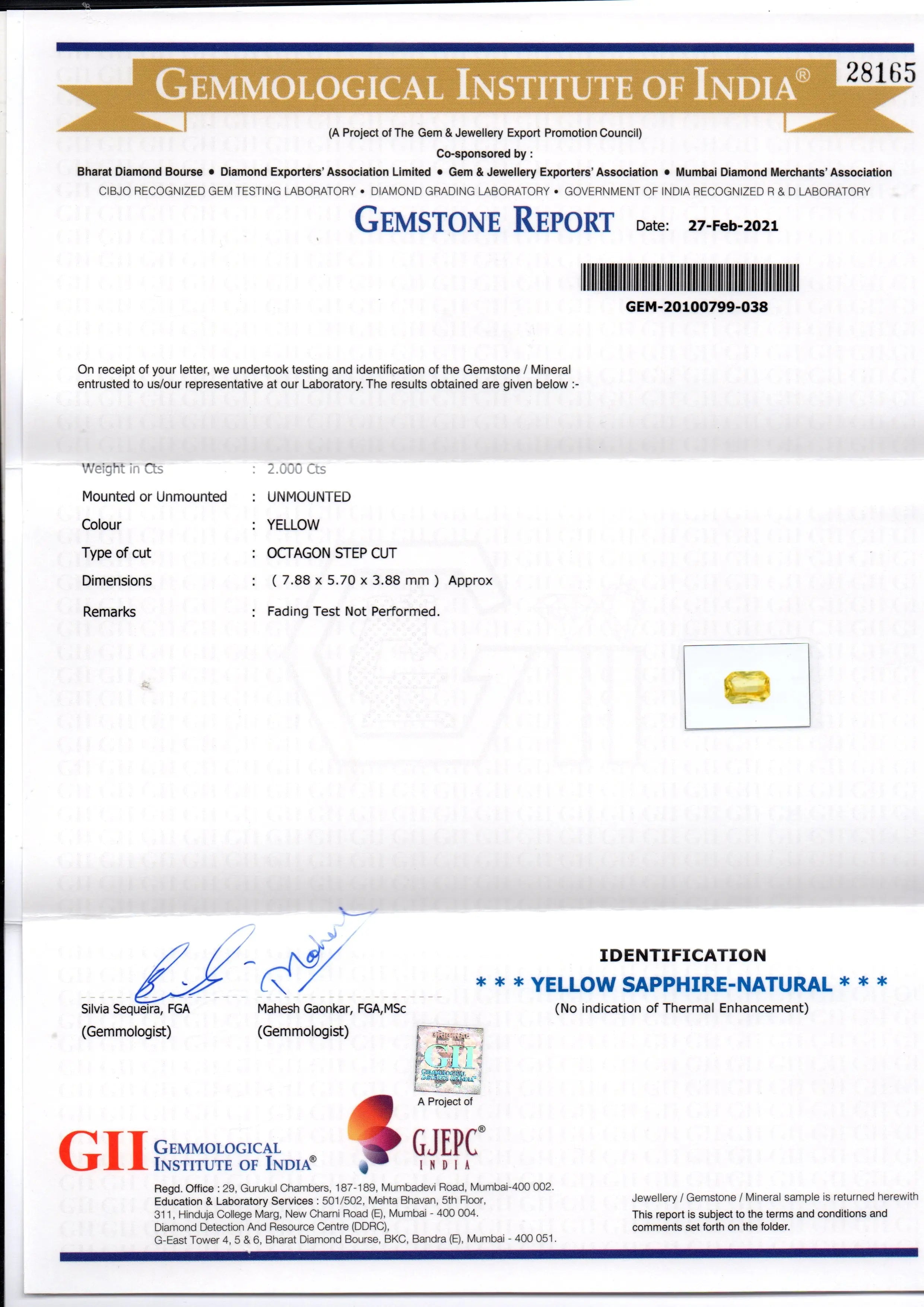 2.00 Ct GII Certified Unheated Untreated Natural Ceylon Yellow Sapphire AAA