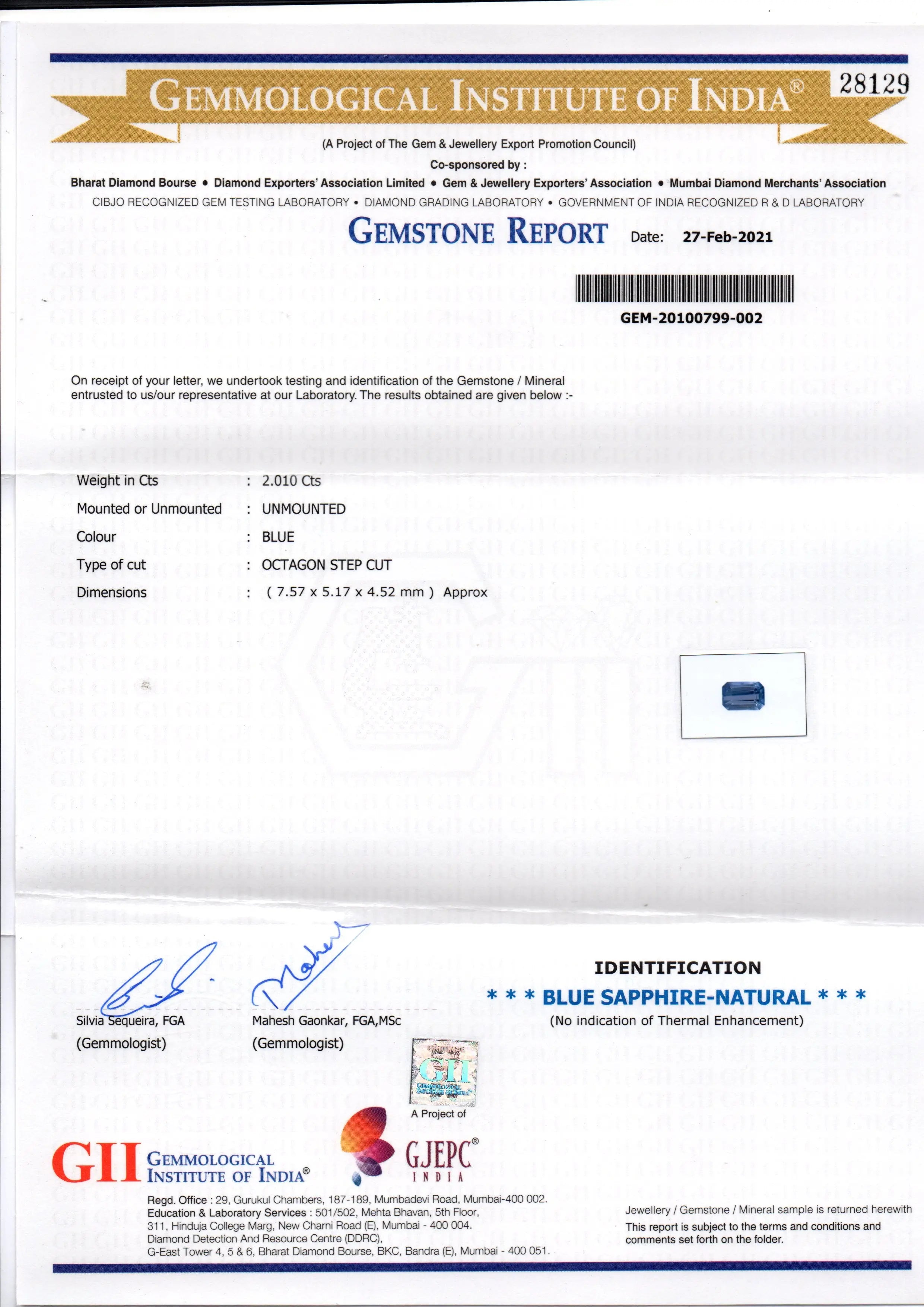 2.01 Ct GII Certified Unheated Untreated Natural Ceylon Blue Sapphire AAA