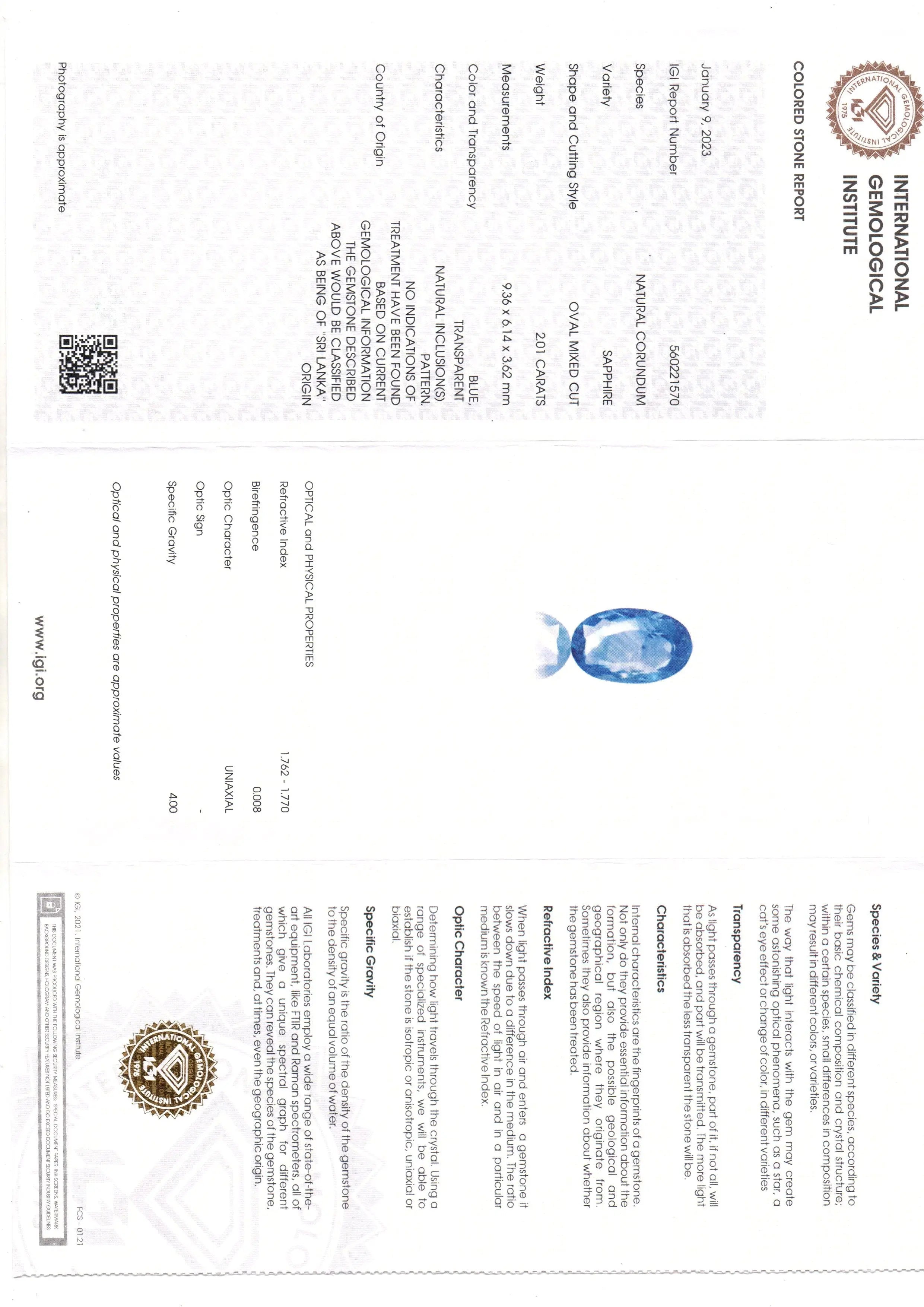 2.01 Ct IGI Certified Unheaated Untreated Natural Ceylon Blue Sapphire AA