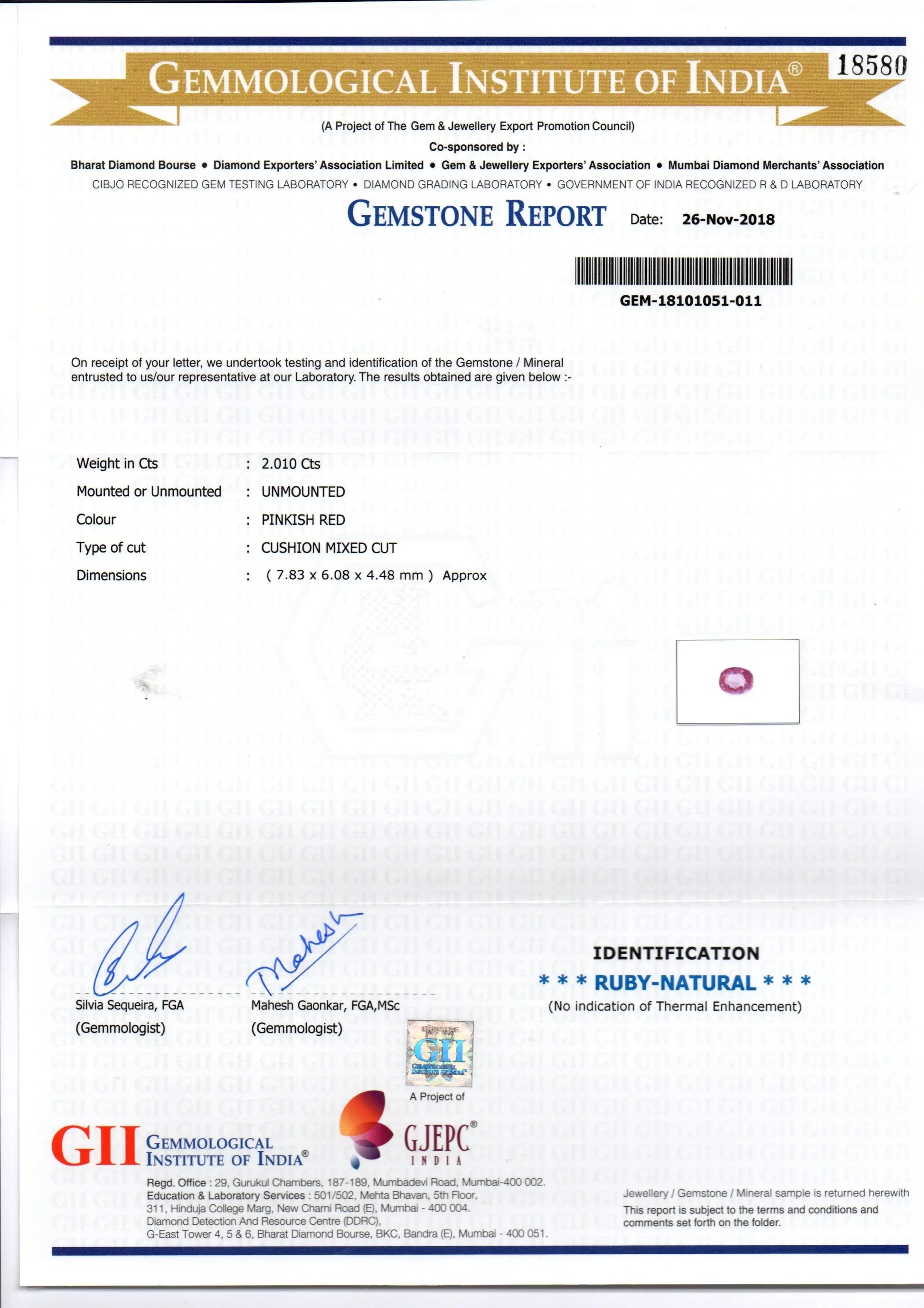 2.01 Ct GII Certified Unheated Untreated Natural Madagaskar Ruby AAA - Venus Gems