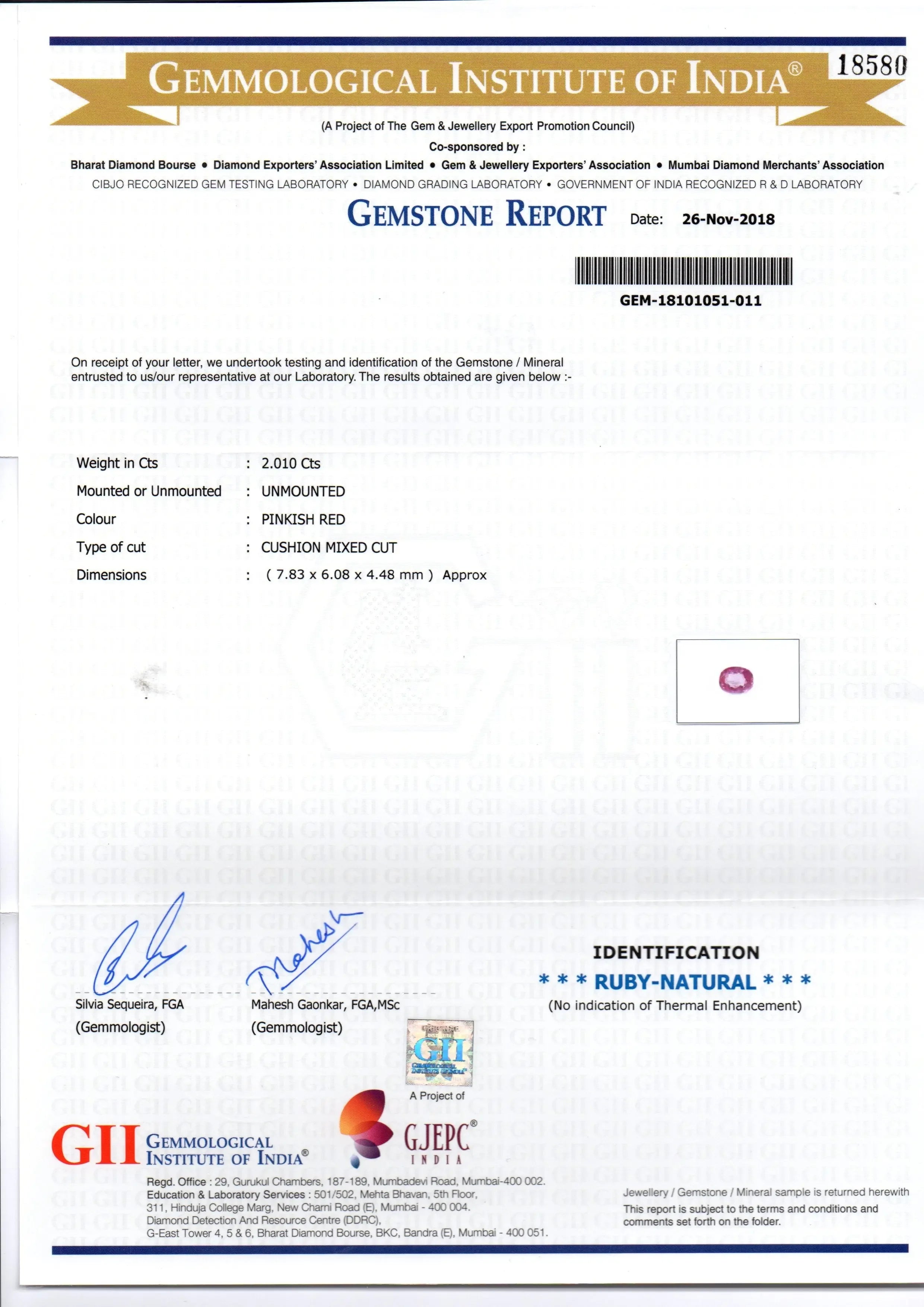 2.01 Ct GII Certified Unheated Untreated Natural Madagaskar Ruby AAA - Venus Gems