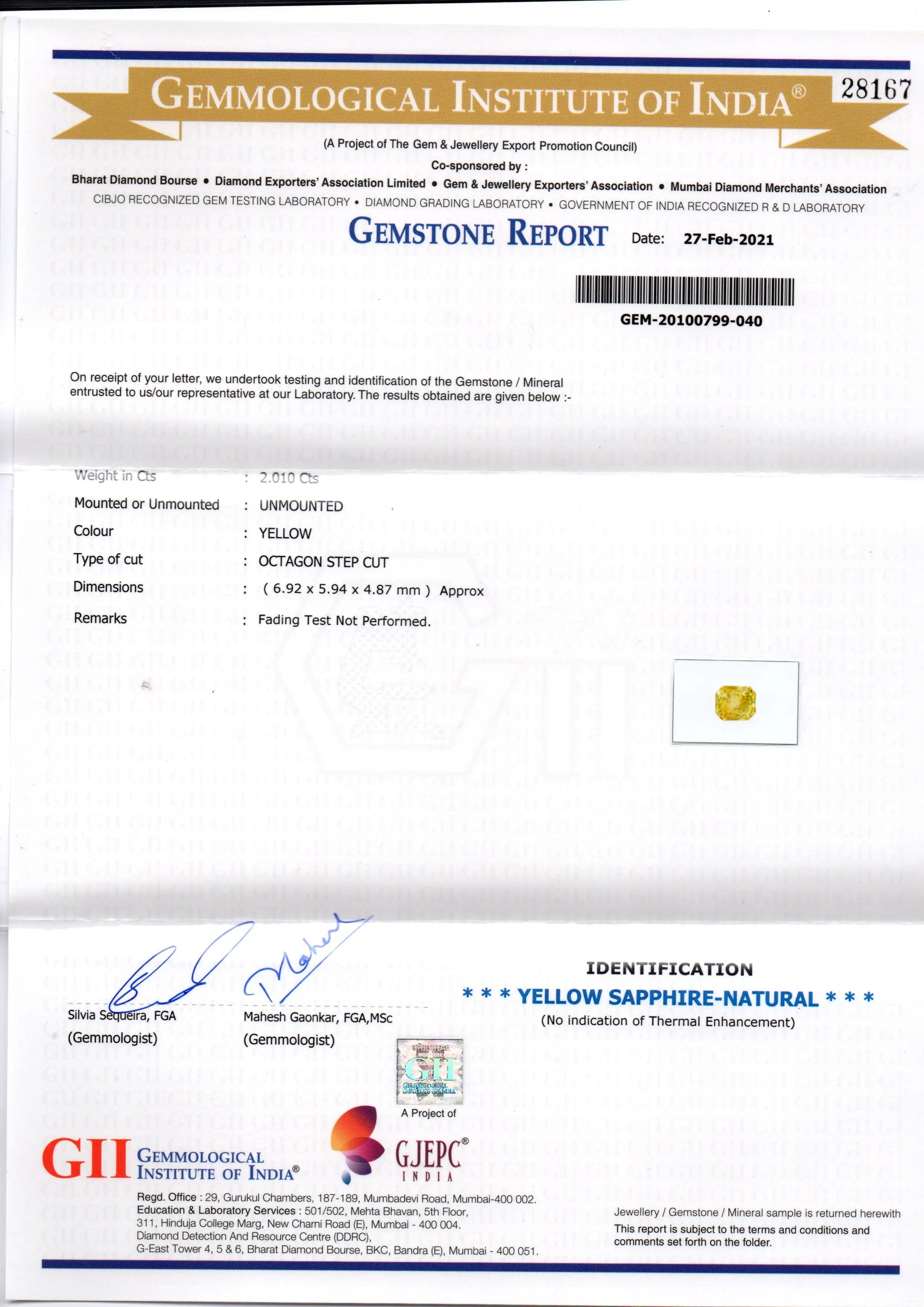 2.01 Ct GII Certified Unheated Untreated Natural Ceylon Yellow Sapphire AA