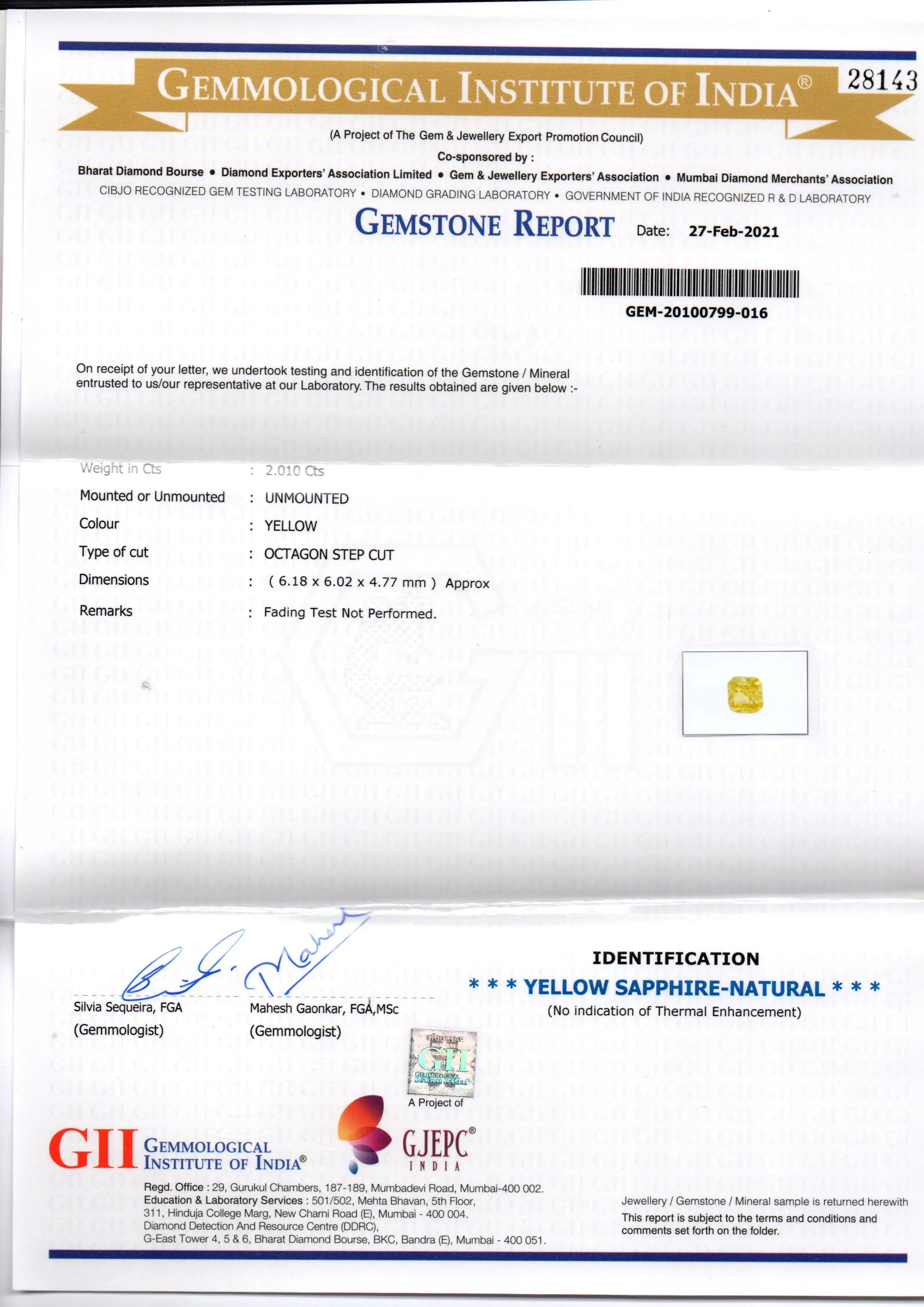 2.01 Ct GII Certified Unheated Untreated Natural Ceylon Yellow Sapphire AA