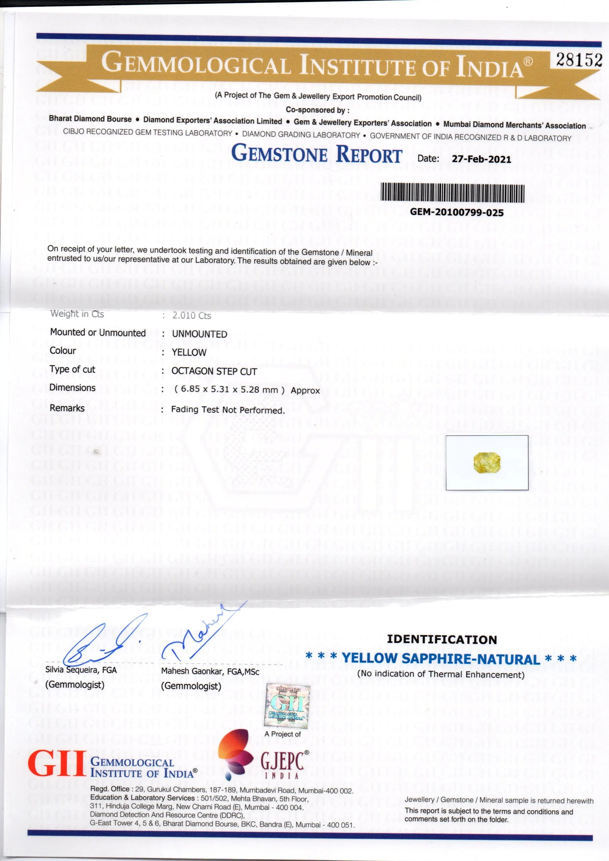 2.01 Ct GII Certified Unheated Untreated Natural Ceylon Yellow Sapphire AA++