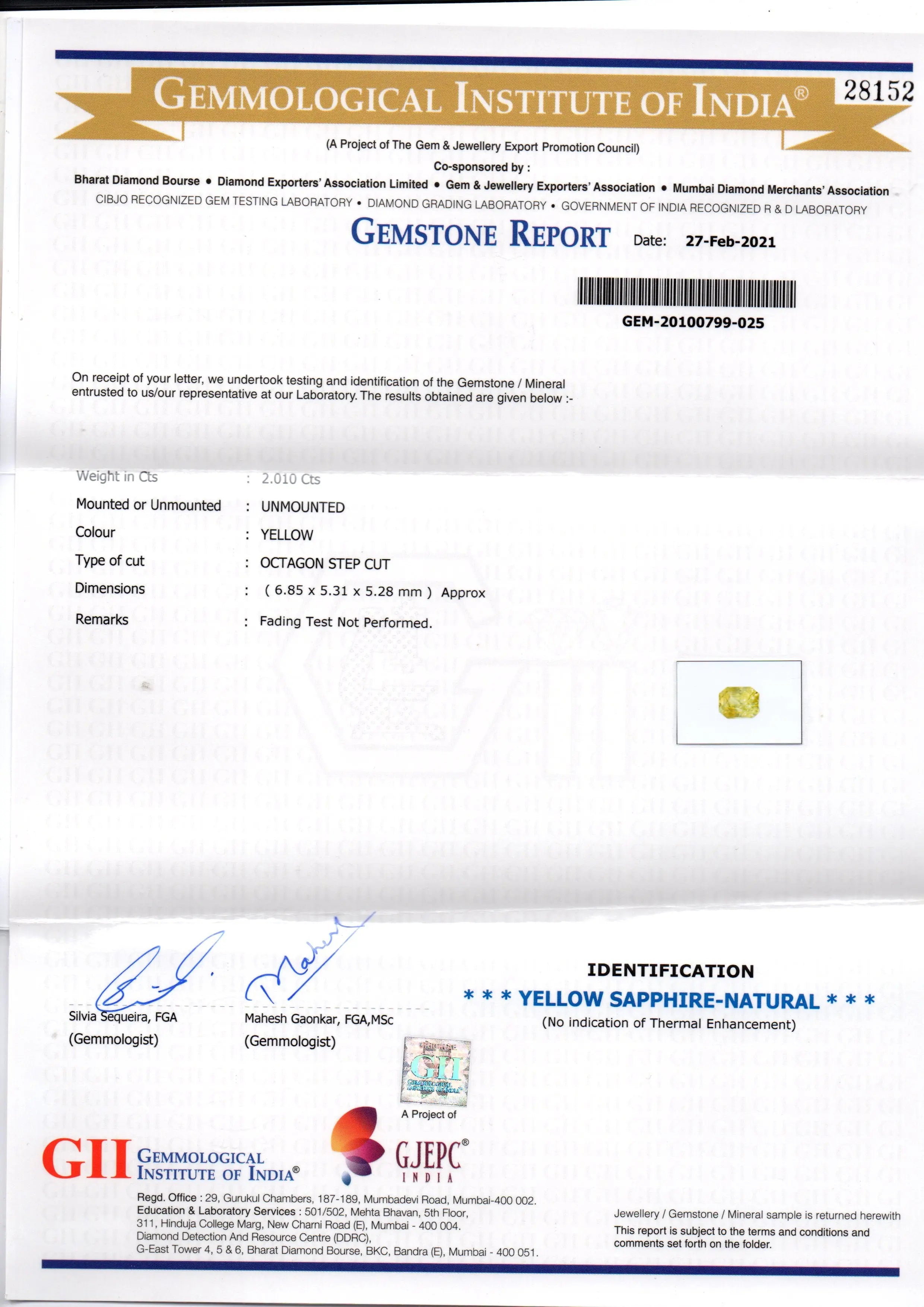 2.01 Ct GII Certified Unheated Untreated Natural Ceylon Yellow Sapphire AA++